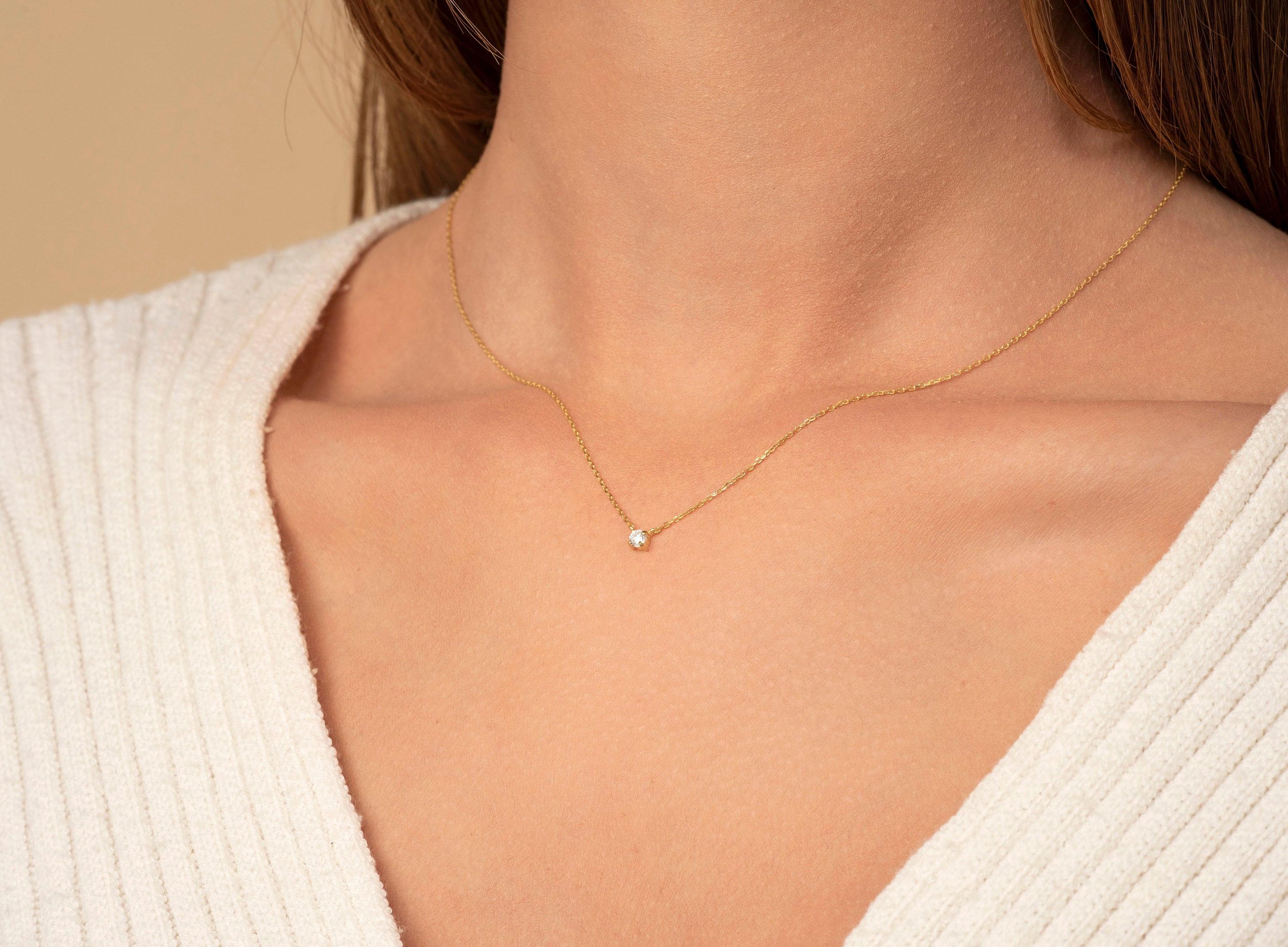 Stunning 14K Gold Diamond Solitaire Necklace – Elegant Dainty Floating Design for Effortless Minimalist Style.