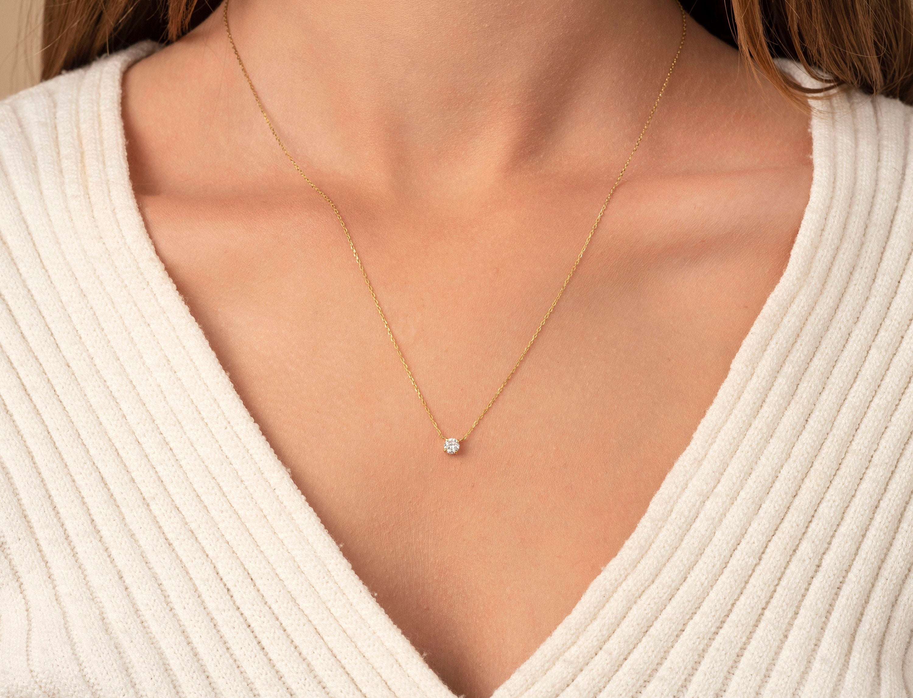 14K Gold Diamond Solitaire Necklace: Dainty Prong Set