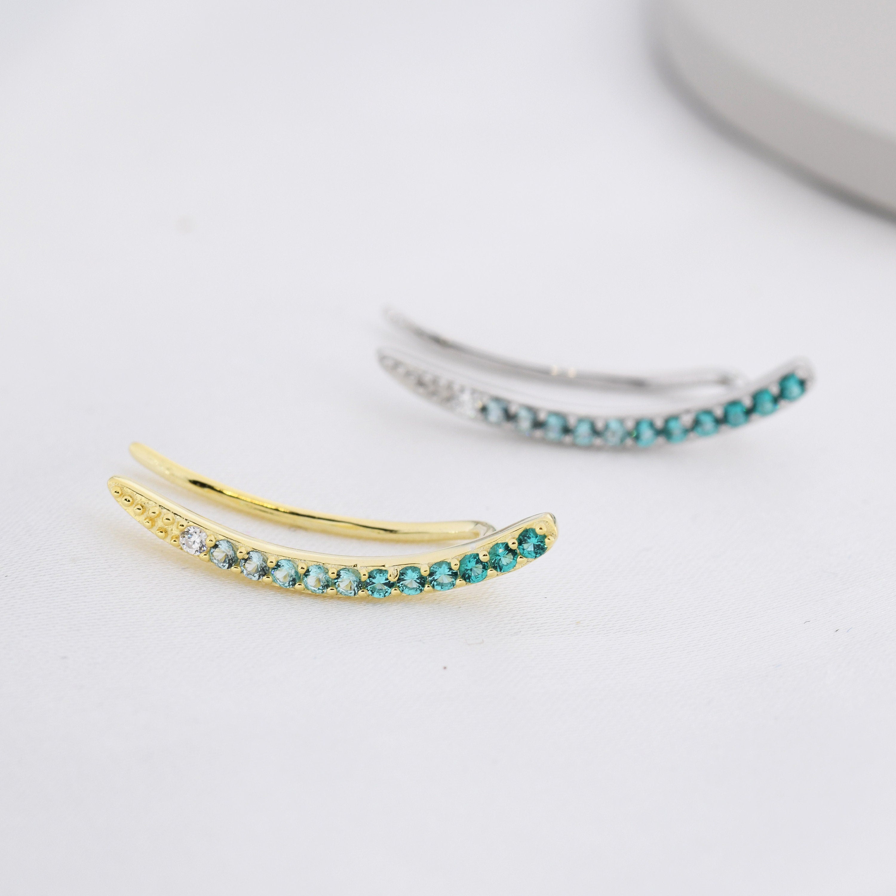 Ombre Emerald Green CZ Crawler Earrings in Sterling Silver, Silver or Gold, Gradient Colour Ear Crawlers, May Birthstone Ear Climbers