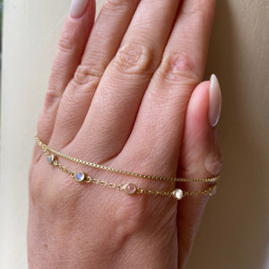 Cleo 14K Gold Moonstone Anklet, Fine Dainty Double Chained Anklet, June Birthstone, Boho Dainty Cute Two Layers Gold Anklet, Gift for Her
