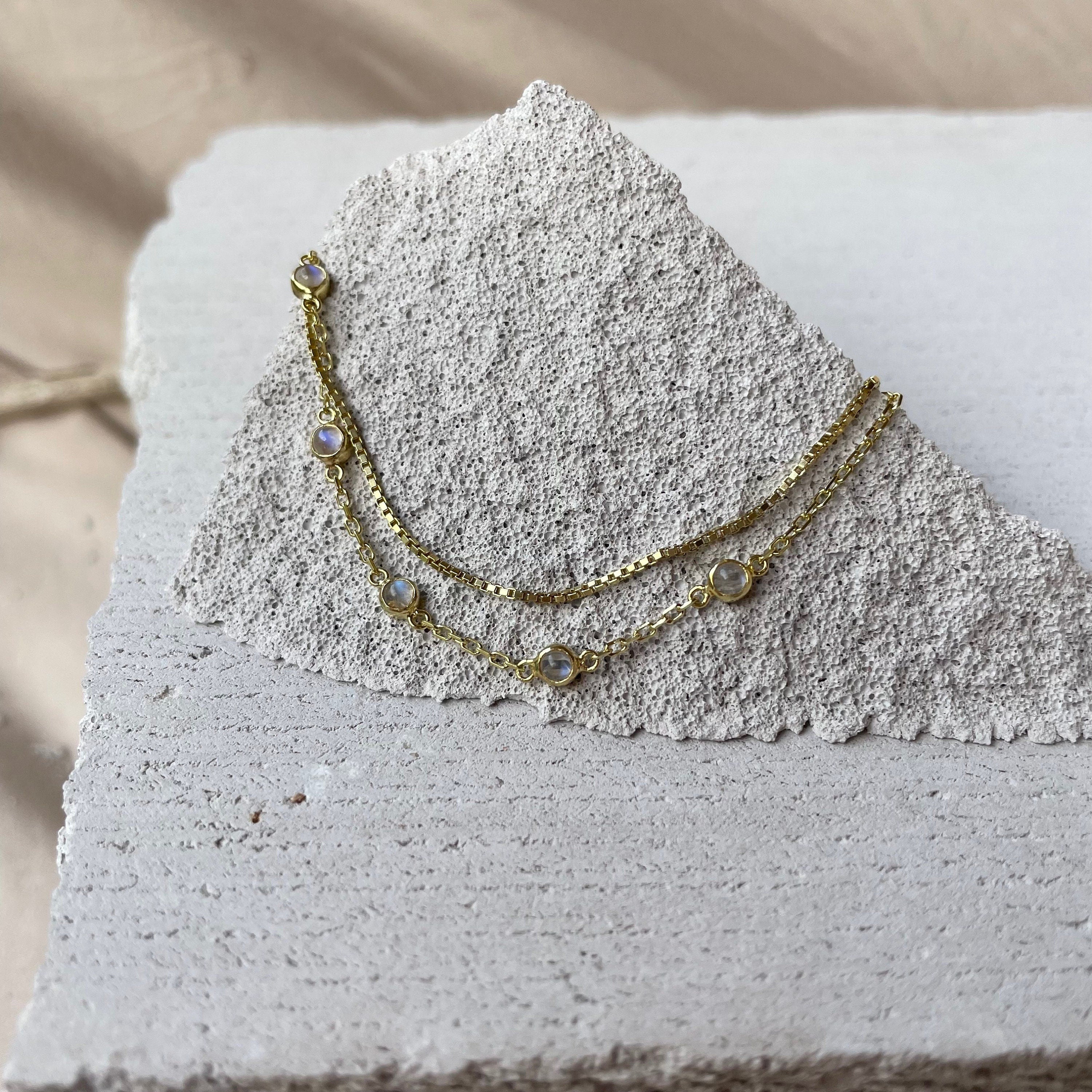 Cleo 14K Gold Moonstone Anklet, Fine Dainty Double Chained Anklet, June Birthstone, Boho Dainty Cute Two Layers Gold Anklet, Gift for Her