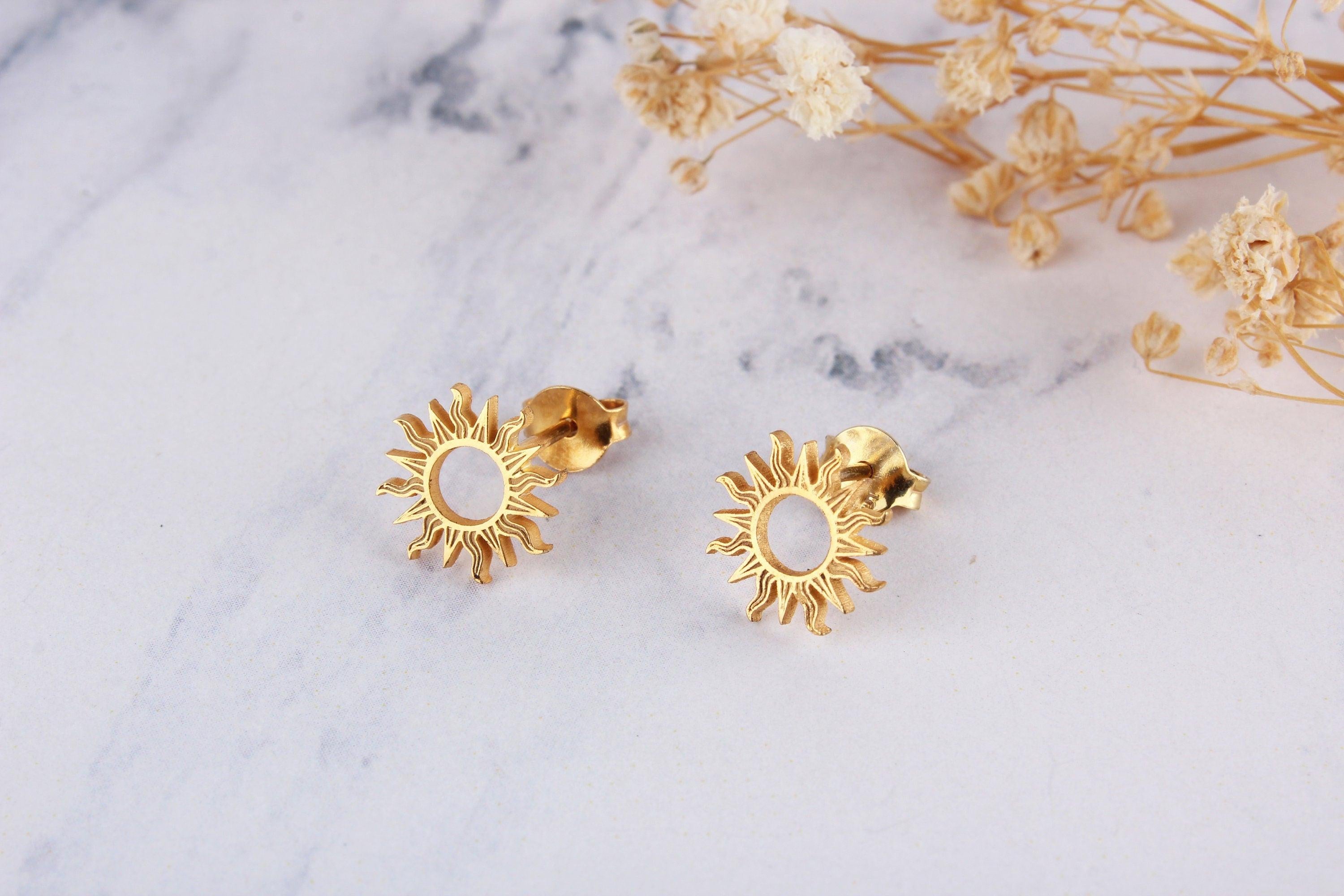 Dainty 14K Solid Gold Sun Stud Earrings - Perfect Celestial Gift for Her.