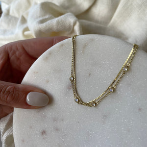 Cleo 14K Gold Moonstone Anklet, Fine Dainty Double Chained Anklet, June Birthstone, Boho Dainty Cute Two Layers Gold Anklet, Gift for Her