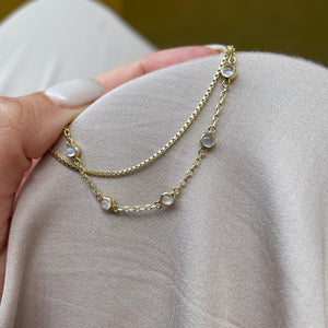 Cleo 14K Gold Moonstone Anklet, Fine Dainty Double Chained Anklet, June Birthstone, Boho Dainty Cute Two Layers Gold Anklet, Gift for Her