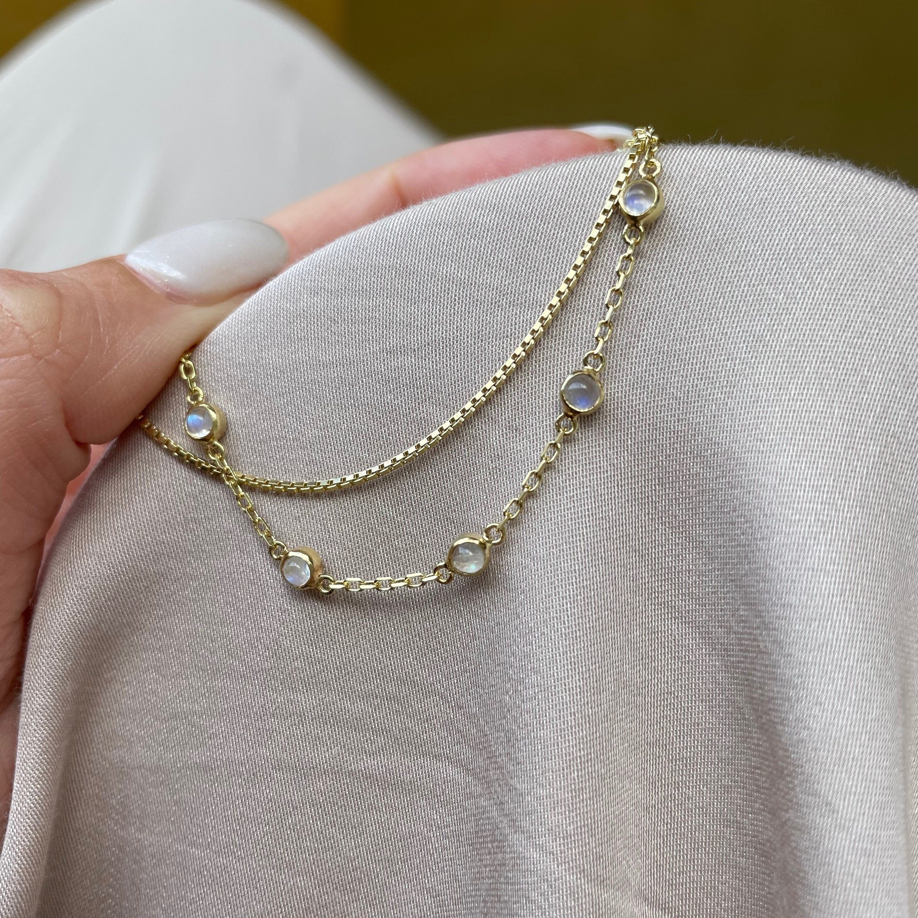 Cleo 14K Gold Moonstone Anklet, Fine Dainty Double Chained Anklet, June Birthstone, Boho Dainty Cute Two Layers Gold Anklet, Gift for Her