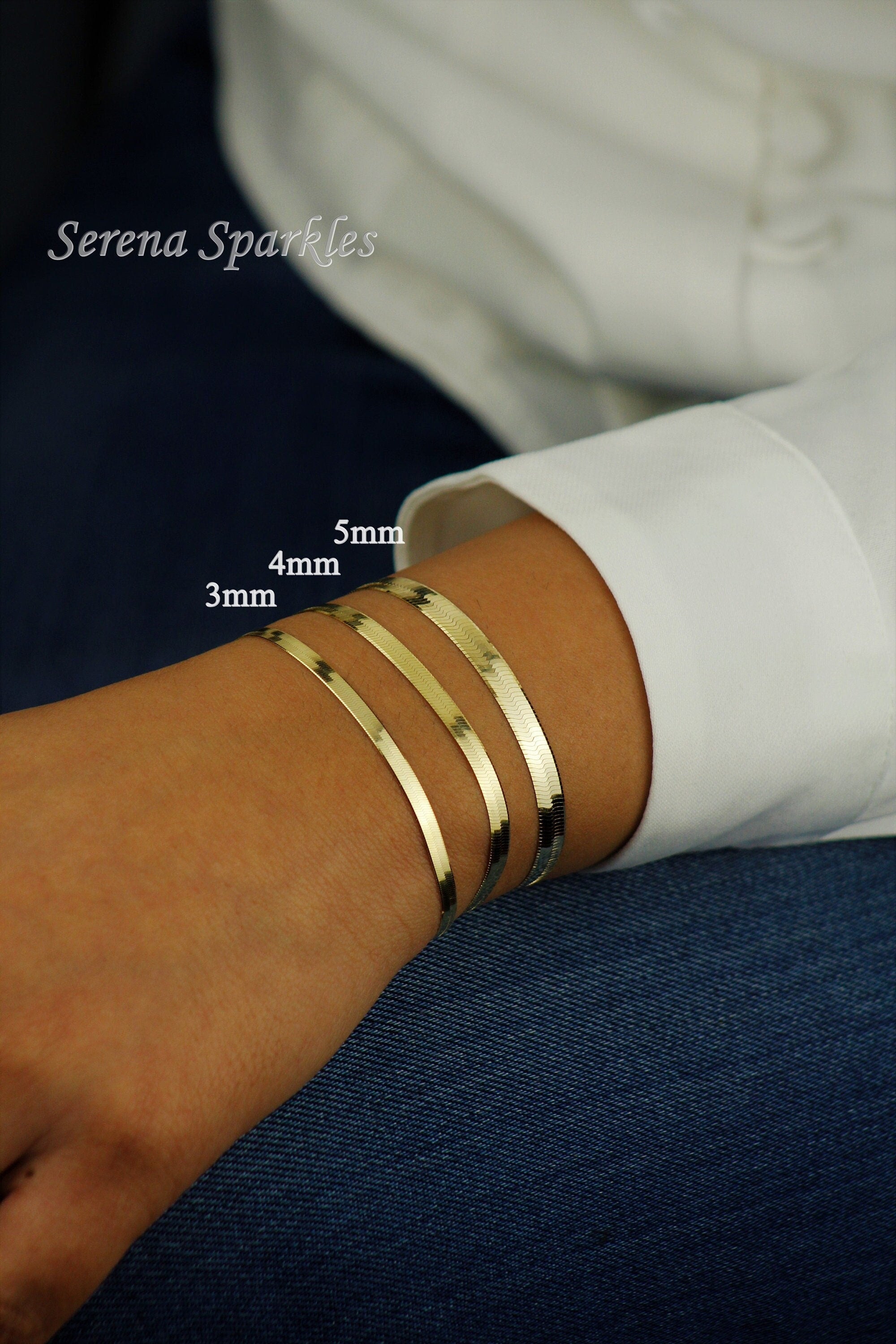 10K Solid Gold Herringbone Chain Bracelet Made in Italy, Real Gold Snake Chain Bracelet 3Mm, 4Mm, 5Mm