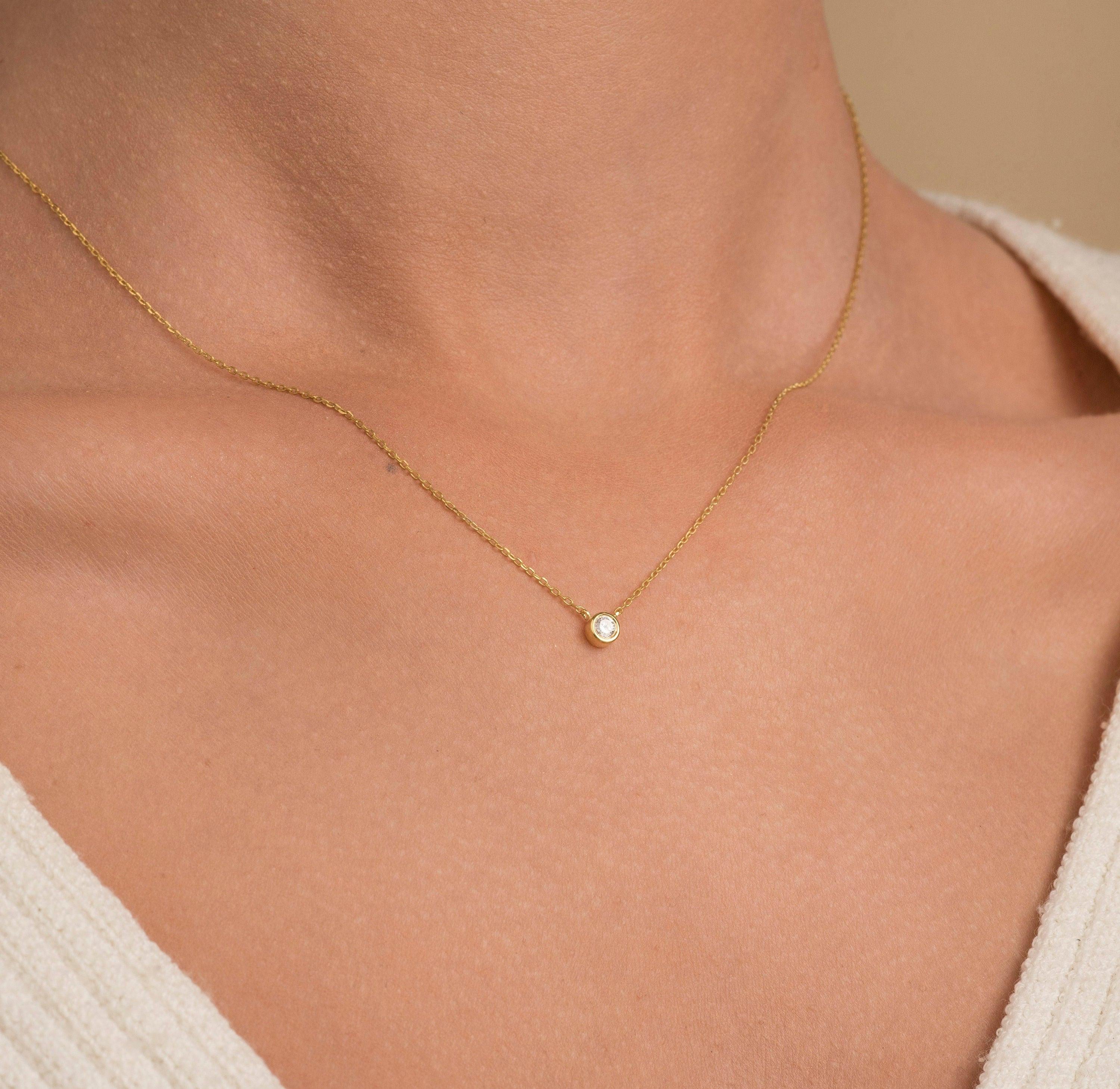 Stunning 14K Gold Diamond Solitaire Necklace - Dainty Bezel Set Pendant for Elegant Minimalism.