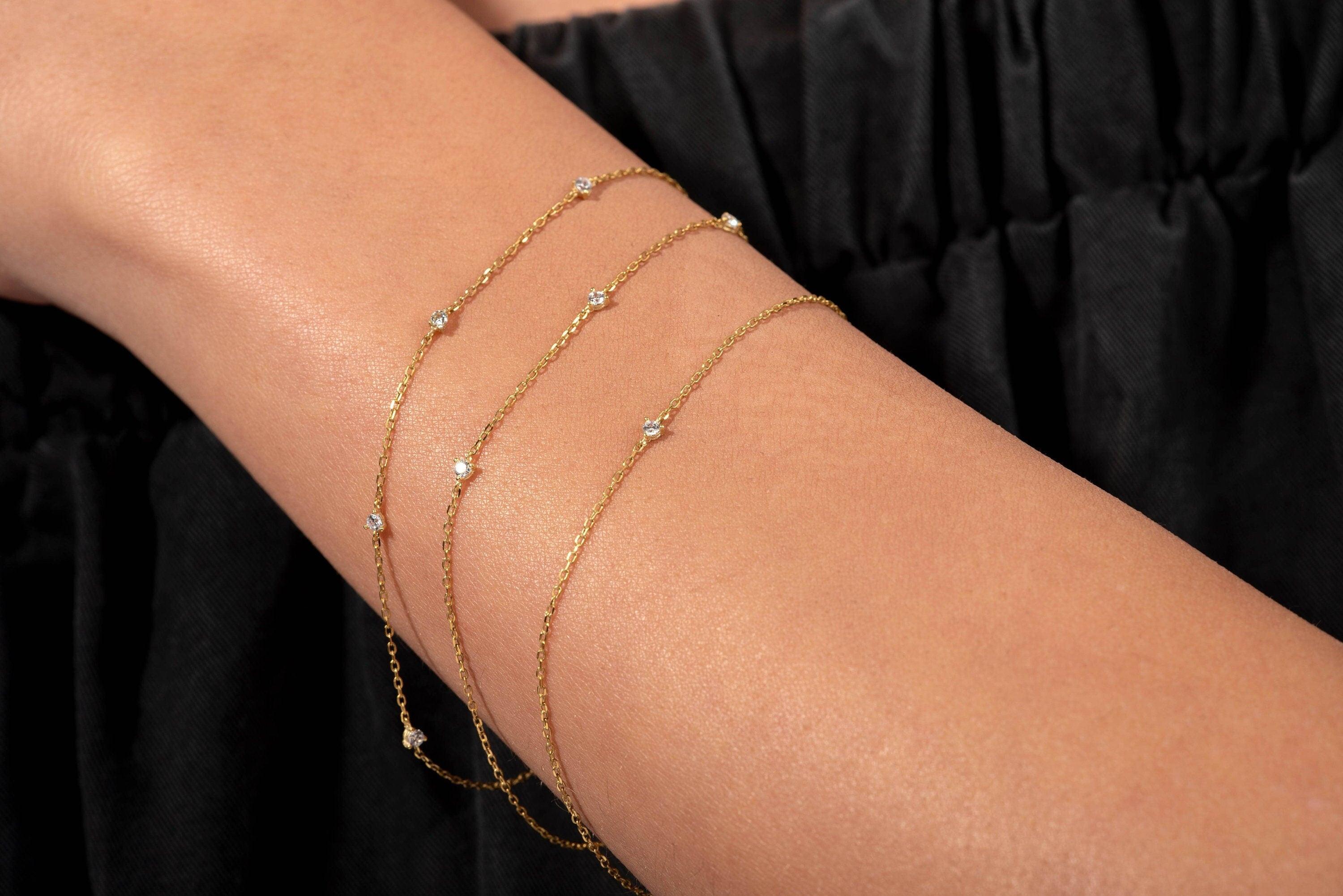 Elegant 14K Solid Gold Diamond Station Bracelet - 0.13Ct Solitaire Sparkle.