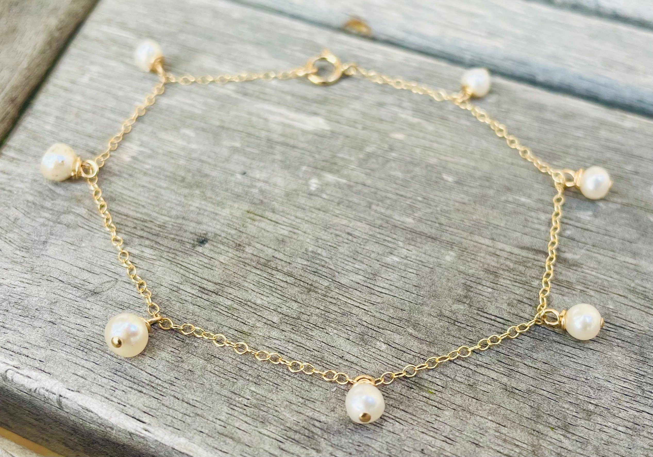 9Ct Gold Anklet: Dainty Ivory Freshwater Pearl Drop Ankle Chain