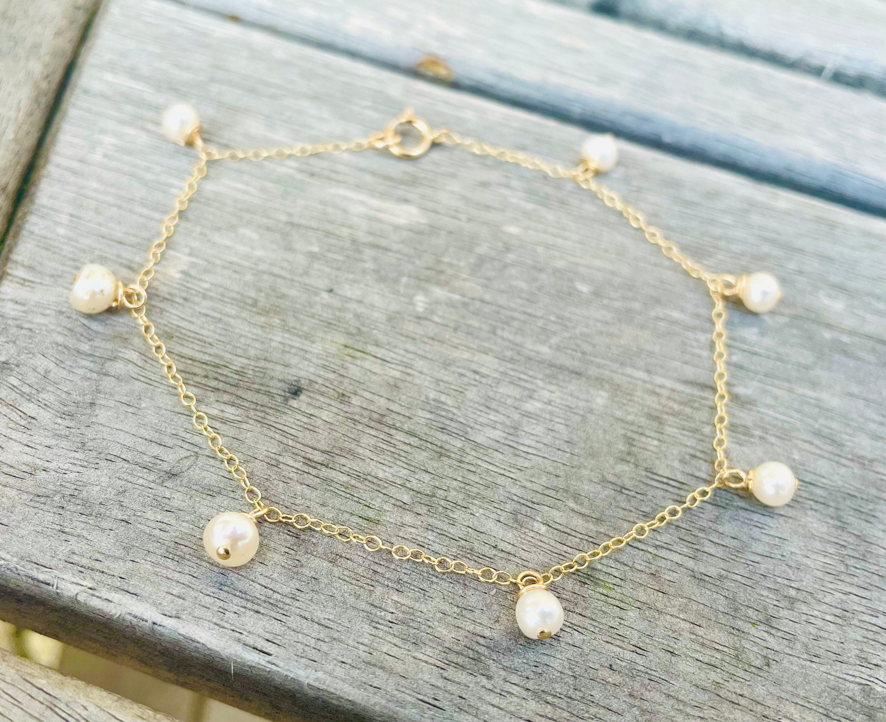 9Ct Gold Anklet: Dainty Ivory Freshwater Pearl Drop Ankle Chain