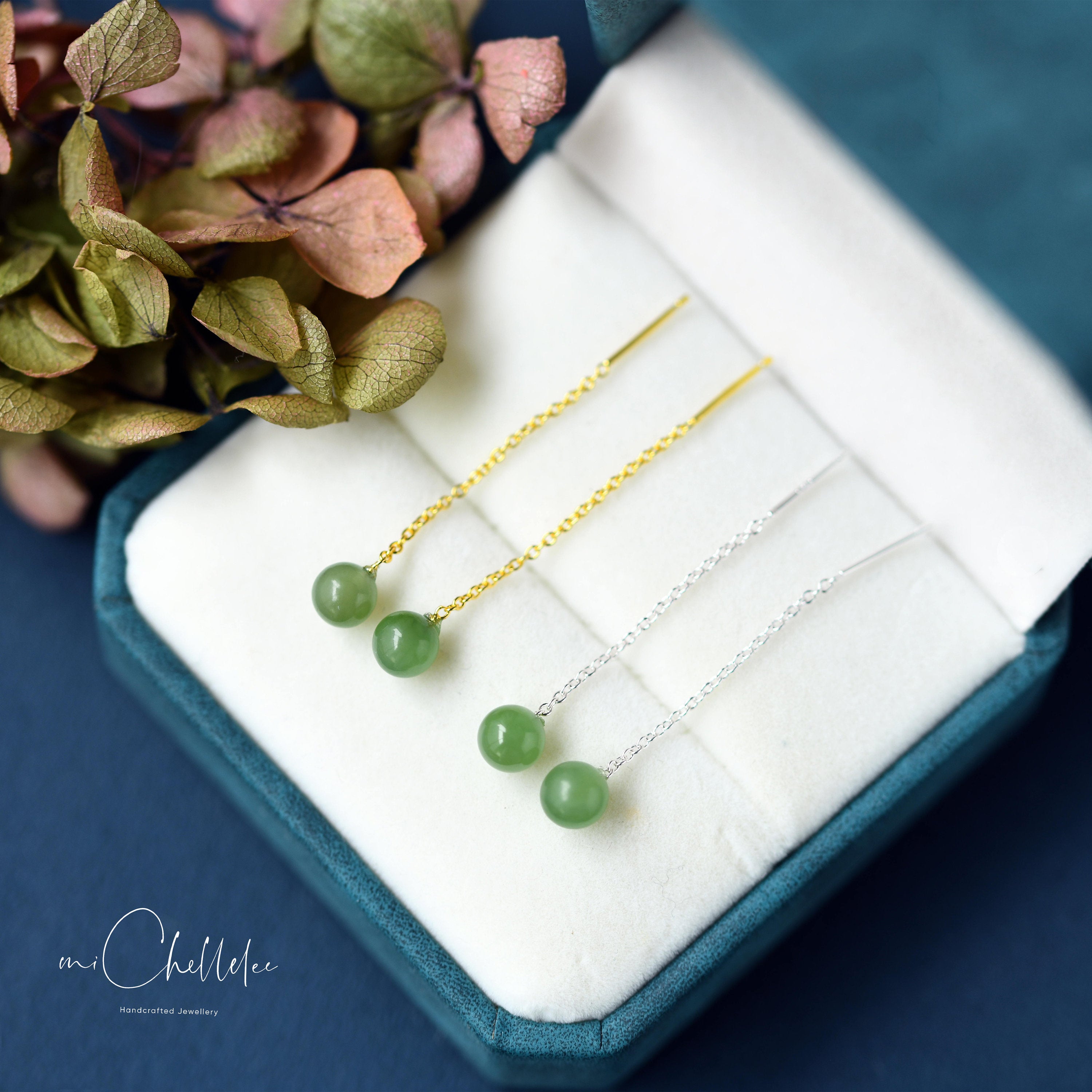 Natural Green Jade Ball Threader Earrings, Nephrite Gemstone Dangling Earrings, Minimalist Simple Jewellery