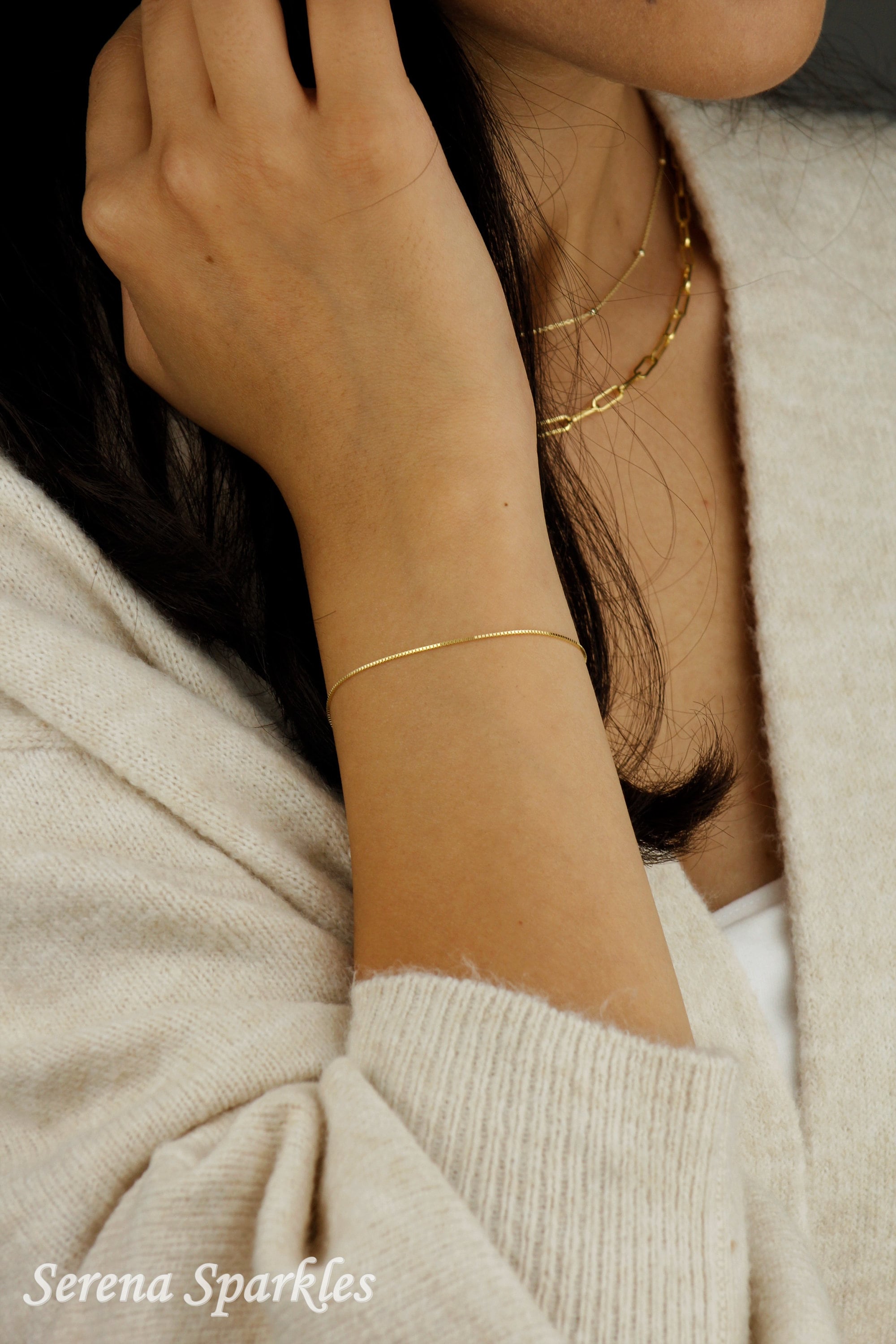 10K Solid Gold Box Chain Bracelet, Box Gold Chain Bracelet, Dainty Gold Bracelet, Layering Gold Bracelet, Stackable Gold Bracelet for Women