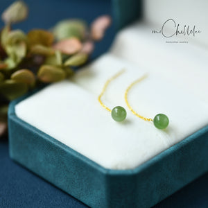 Natural Green Jade Ball Threader Earrings, Nephrite Gemstone Dangling Earrings, Minimalist Simple Jewellery