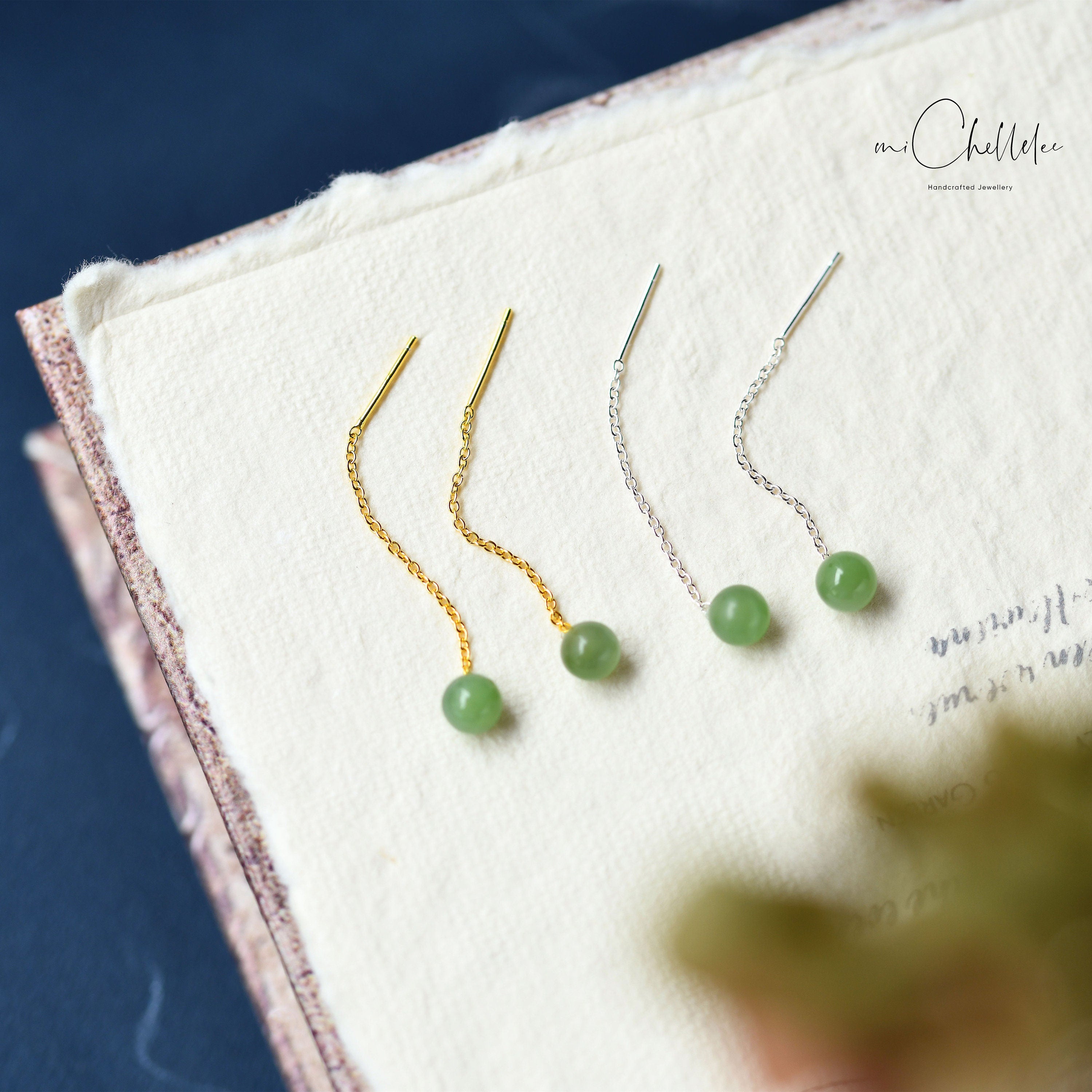 Natural Green Jade Ball Threader Earrings, Nephrite Gemstone Dangling Earrings, Minimalist Simple Jewellery