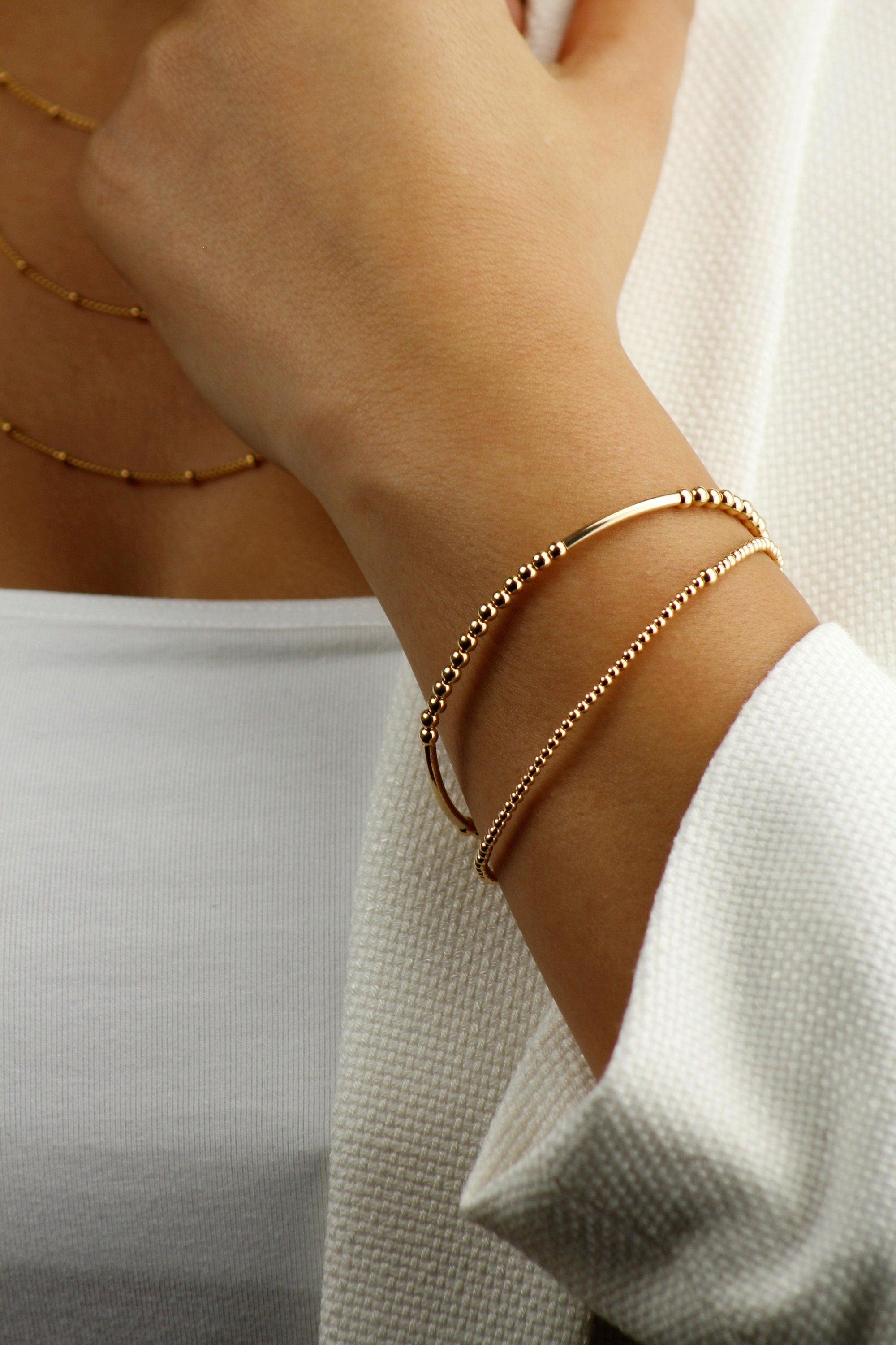 Dainty 14K Gold Filled Beaded Bracelet - Tarnish Resistant Thin Stacking Jewelry.