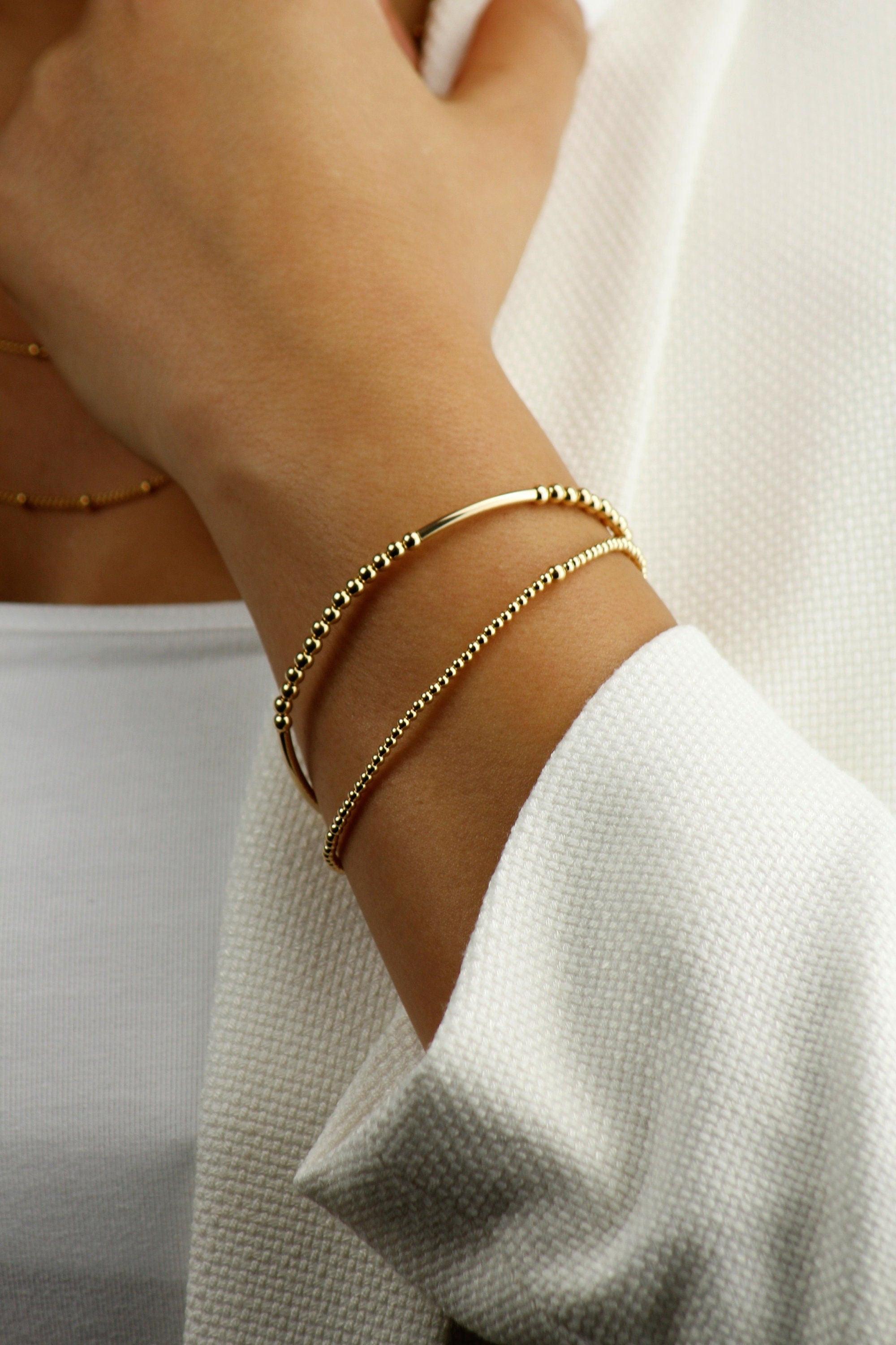 Dainty 14K Gold Filled Beaded Bracelet - Tarnish Resistant Thin Stacking Jewelry.