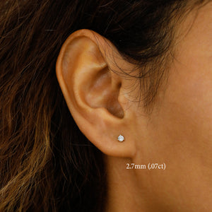 SINGLE 14K Gold Natural Diamond Stud Earring: Minimalist Three Prong Setting