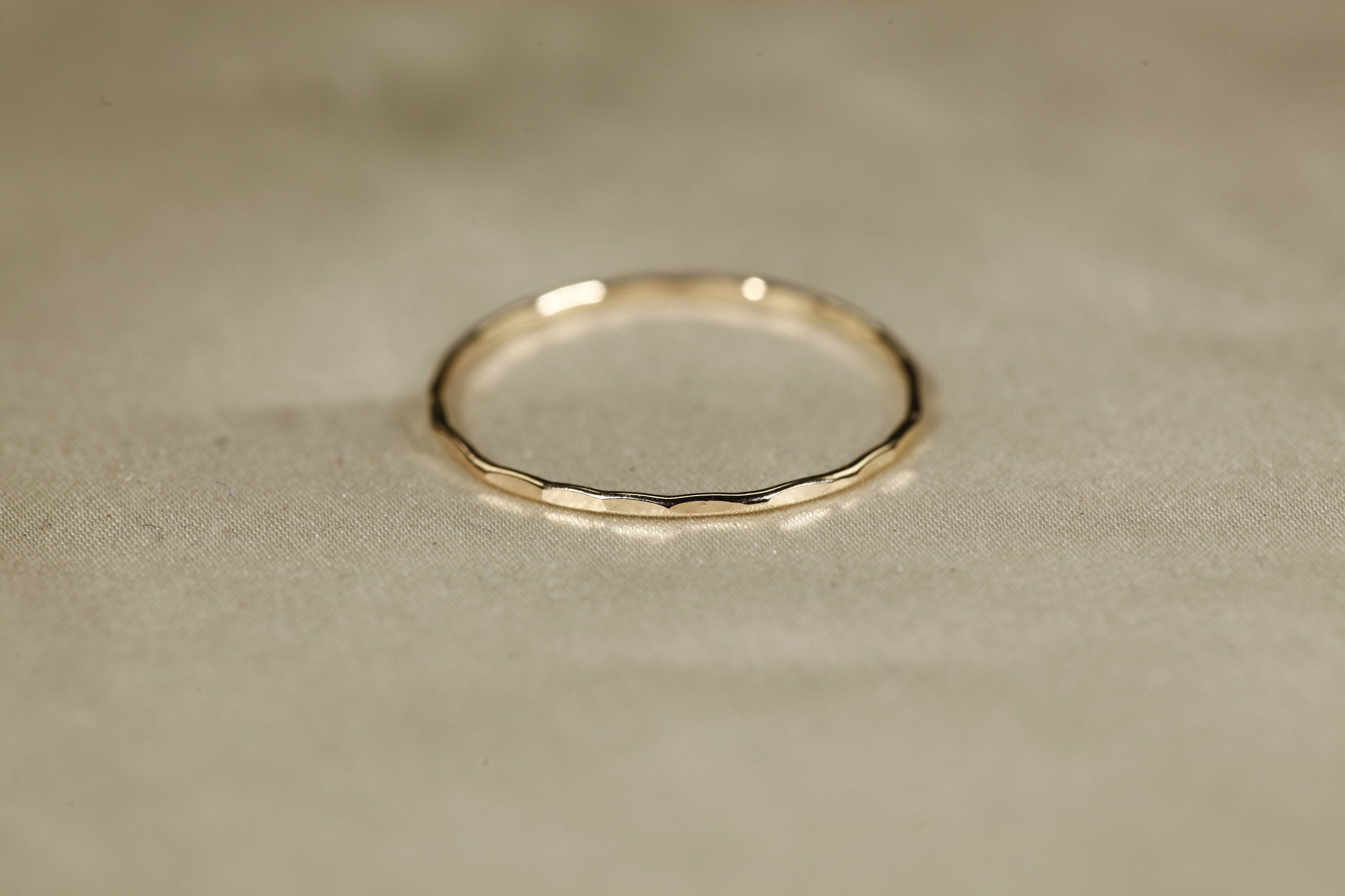 14K Solid Yellow Gold Hammered Ring: Dainty Wire Band, 0.8Mm