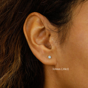 SINGLE 14K Gold Natural Diamond Stud Earring: Minimalist Three Prong Setting