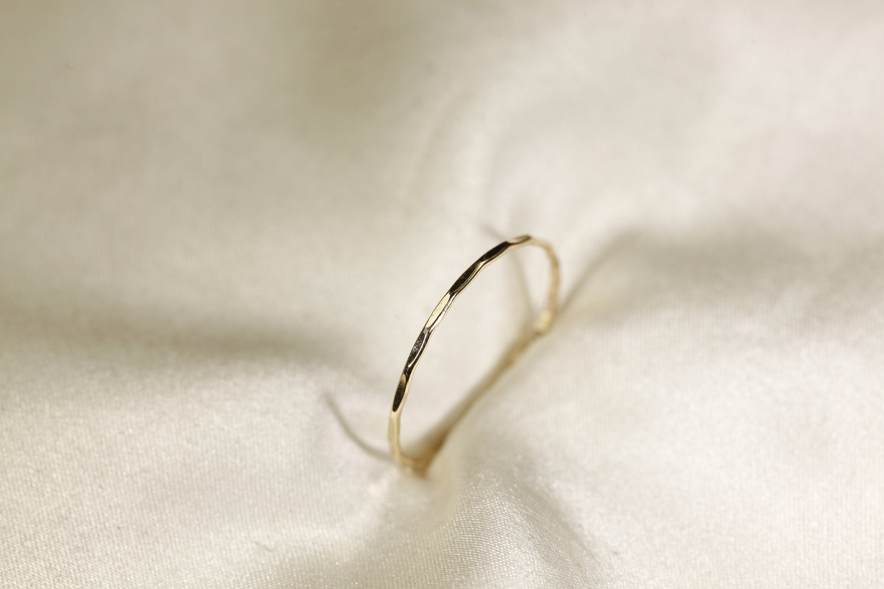 14K Solid Yellow Gold Hammered Ring: Dainty Wire Band, 0.8Mm