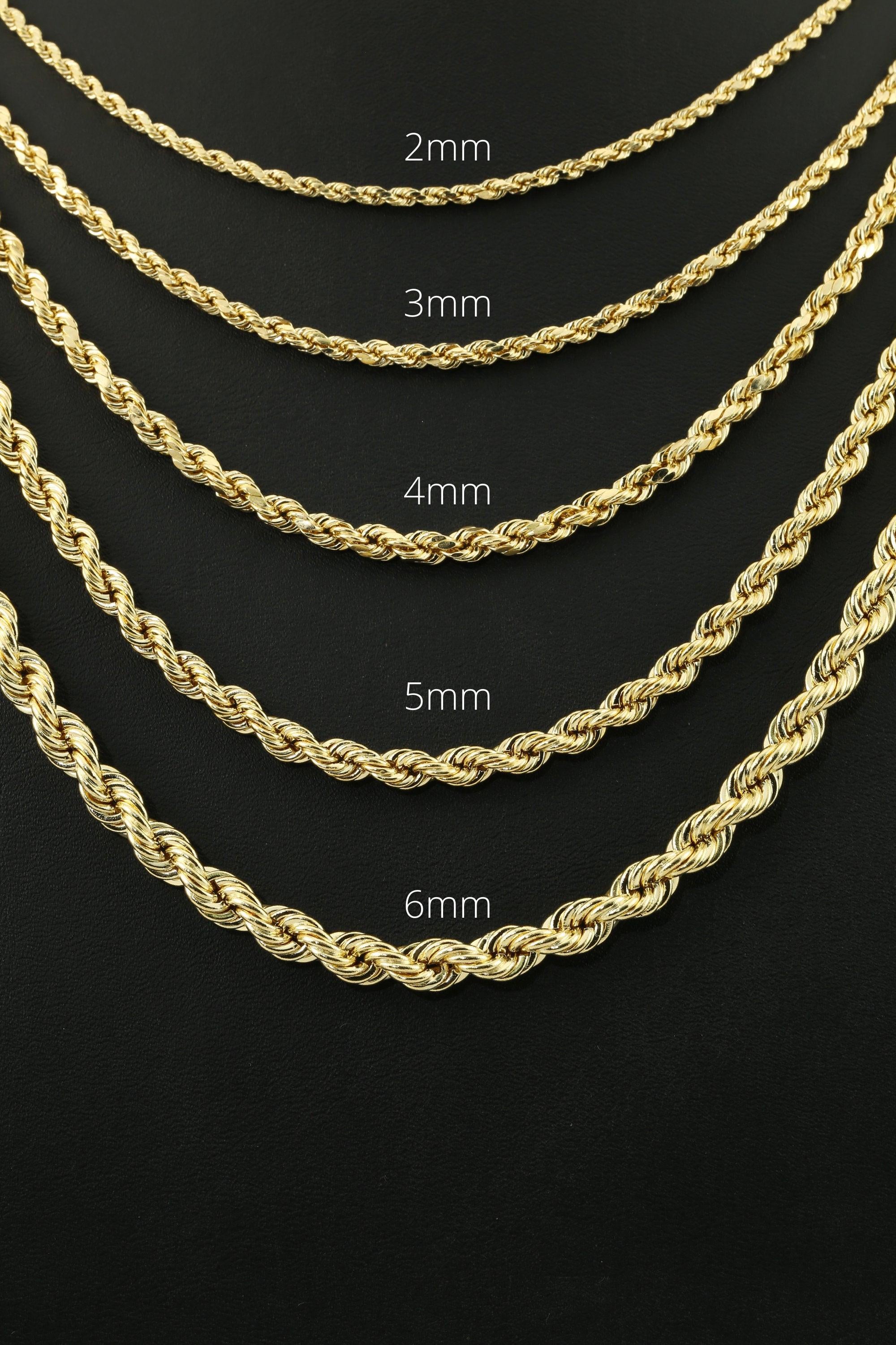 Elegant 10K Yellow Gold Rope Chain Necklace – Solid Gold, 2-5mm, 16-24 Inch with Secure Lobster Clasp.