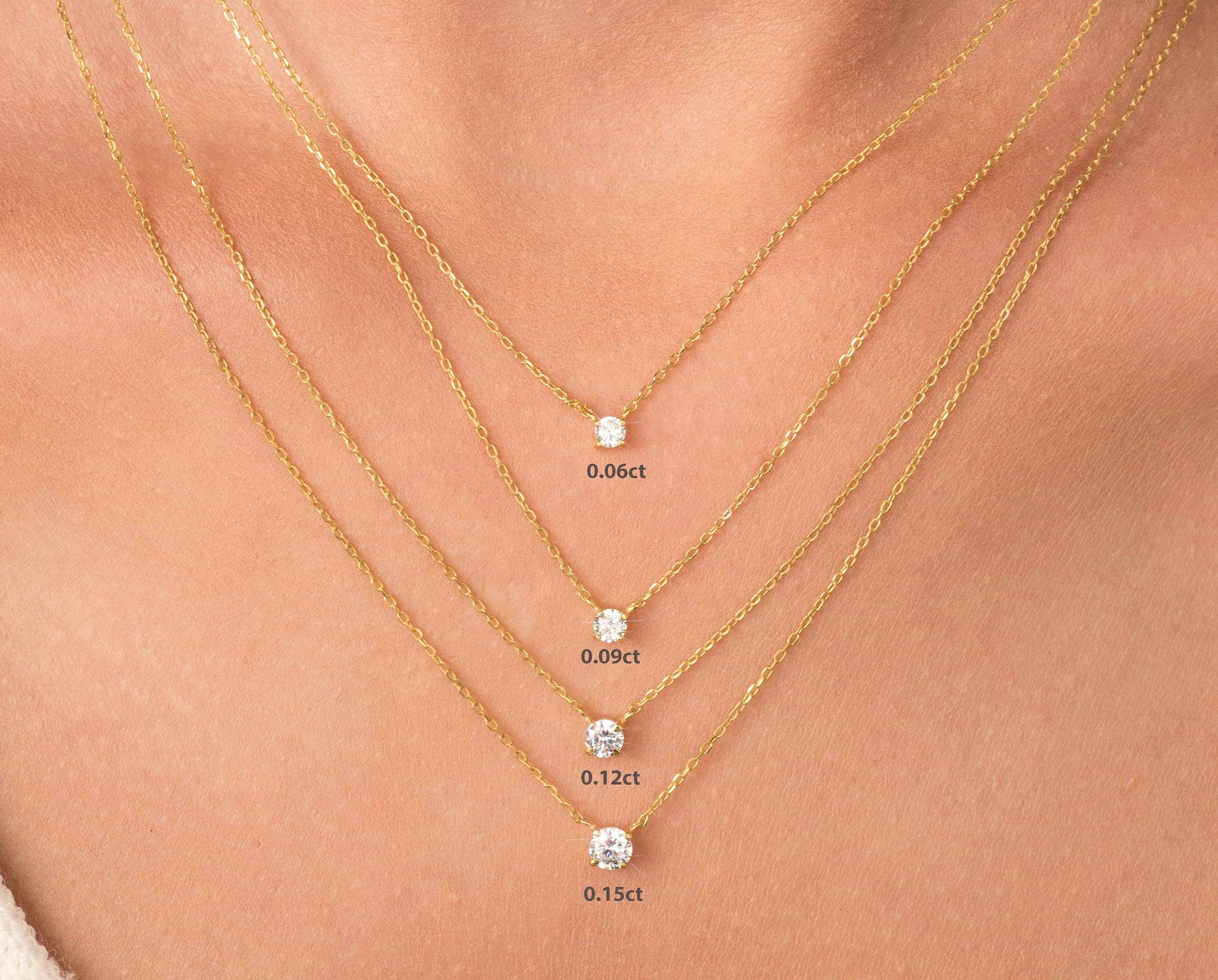 Dainty 14K Solid Gold Diamond Solitaire Necklace - Elegant Minimalist Floating Pendant Jewelry.
