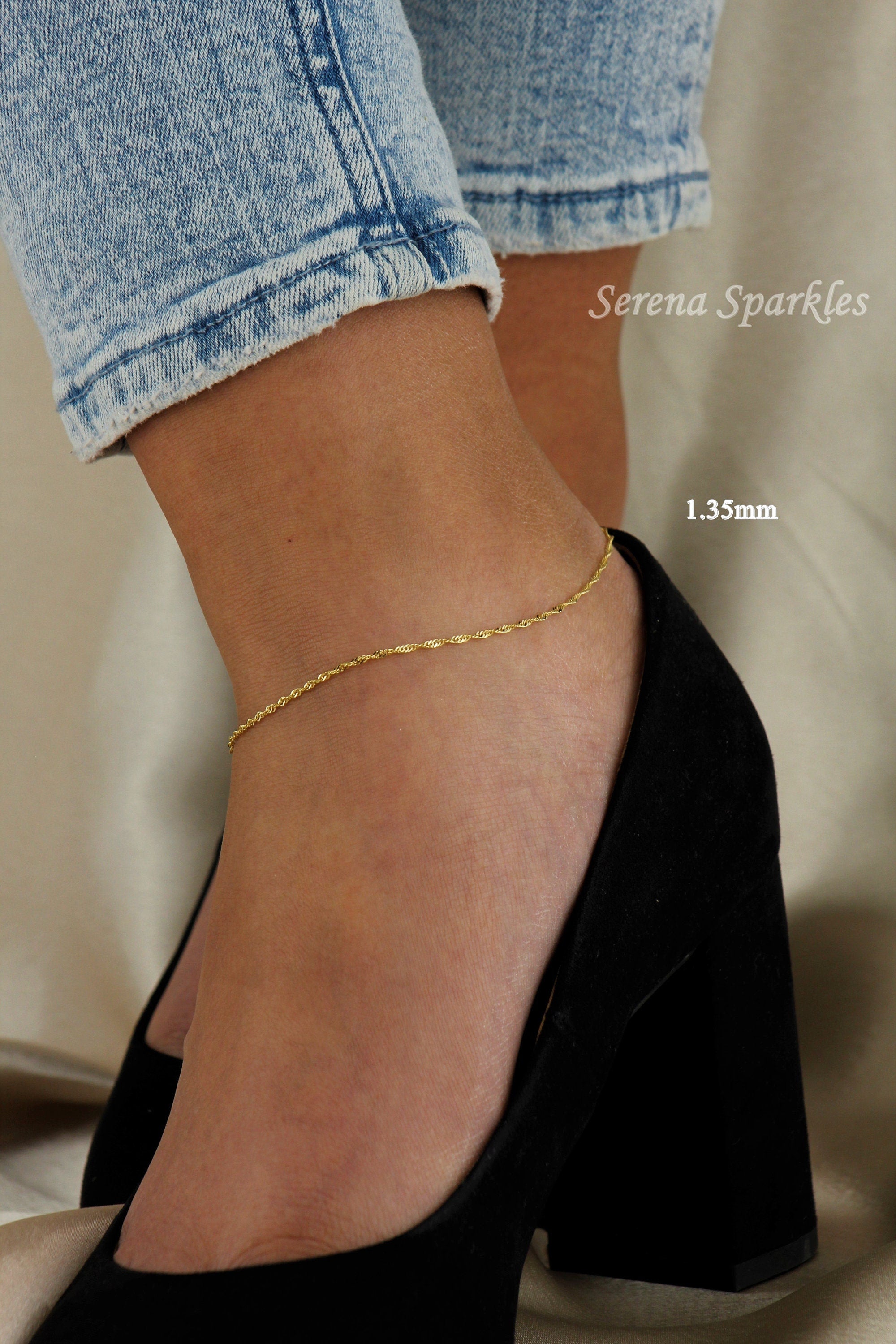 10K Solid Gold Twisted Chain Anklet, Real Gold Singapore Chain Anklet, Dainty Chain Anklet for Everyday, Gold Anklet for Women