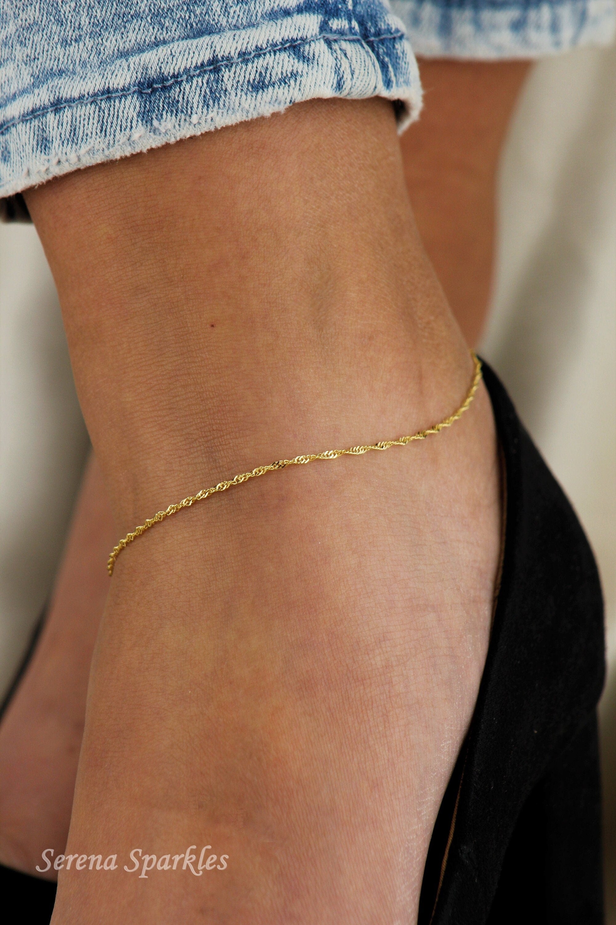 10K Solid Gold Twisted Chain Anklet, Real Gold Singapore Chain Anklet, Dainty Chain Anklet for Everyday, Gold Anklet for Women