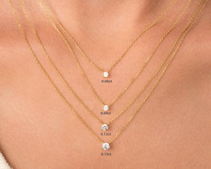 14K Gold Diamond Solitaire Necklace: Dainty Prong Set