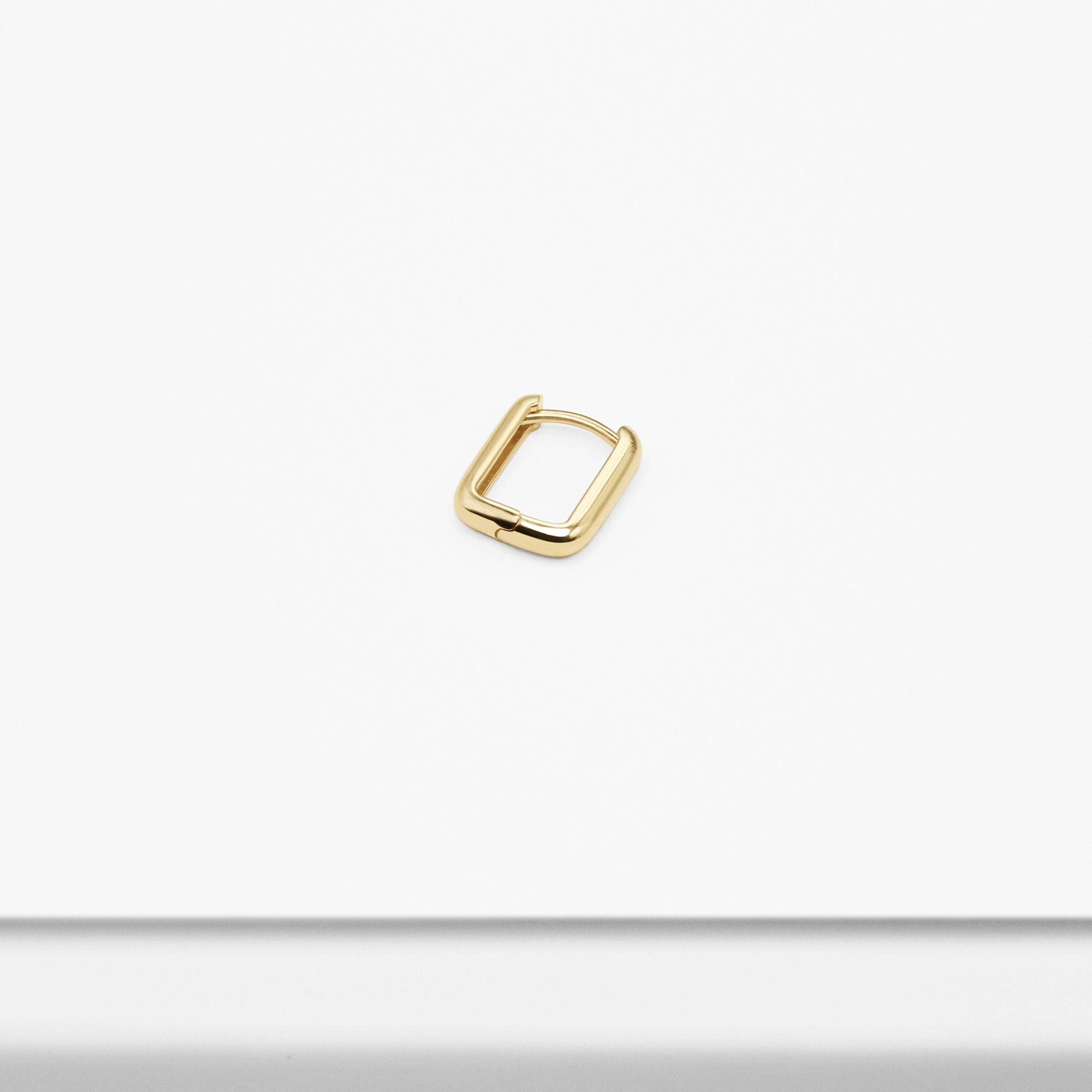 Elegant 14K Solid Gold Rectangular Huggie Earrings - Chic Small Hinged Everyday Hoops.