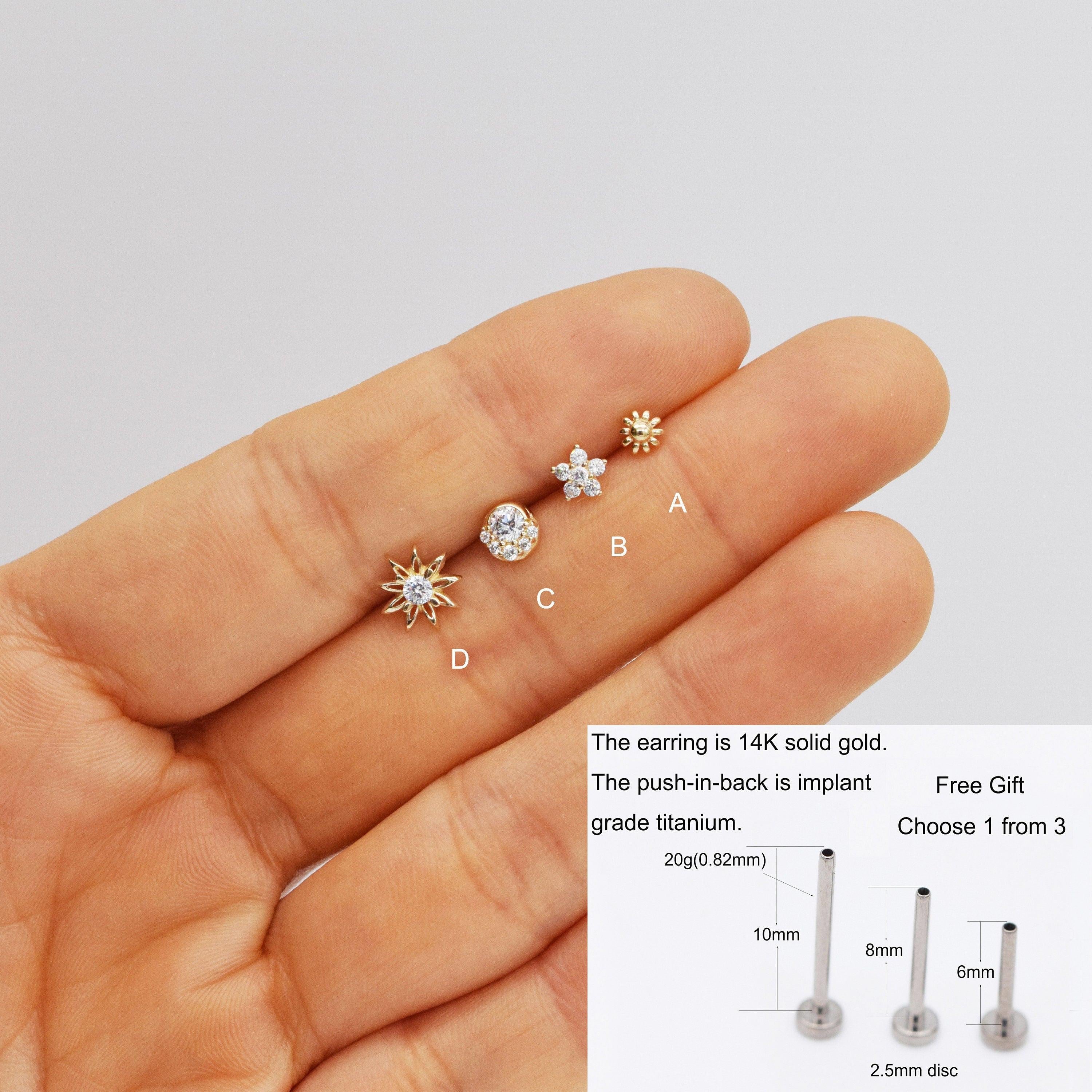 14K Solid Gold Tiny Cartilage Stud Earring - Elegant Conch Helix Tragus Push Back Design.