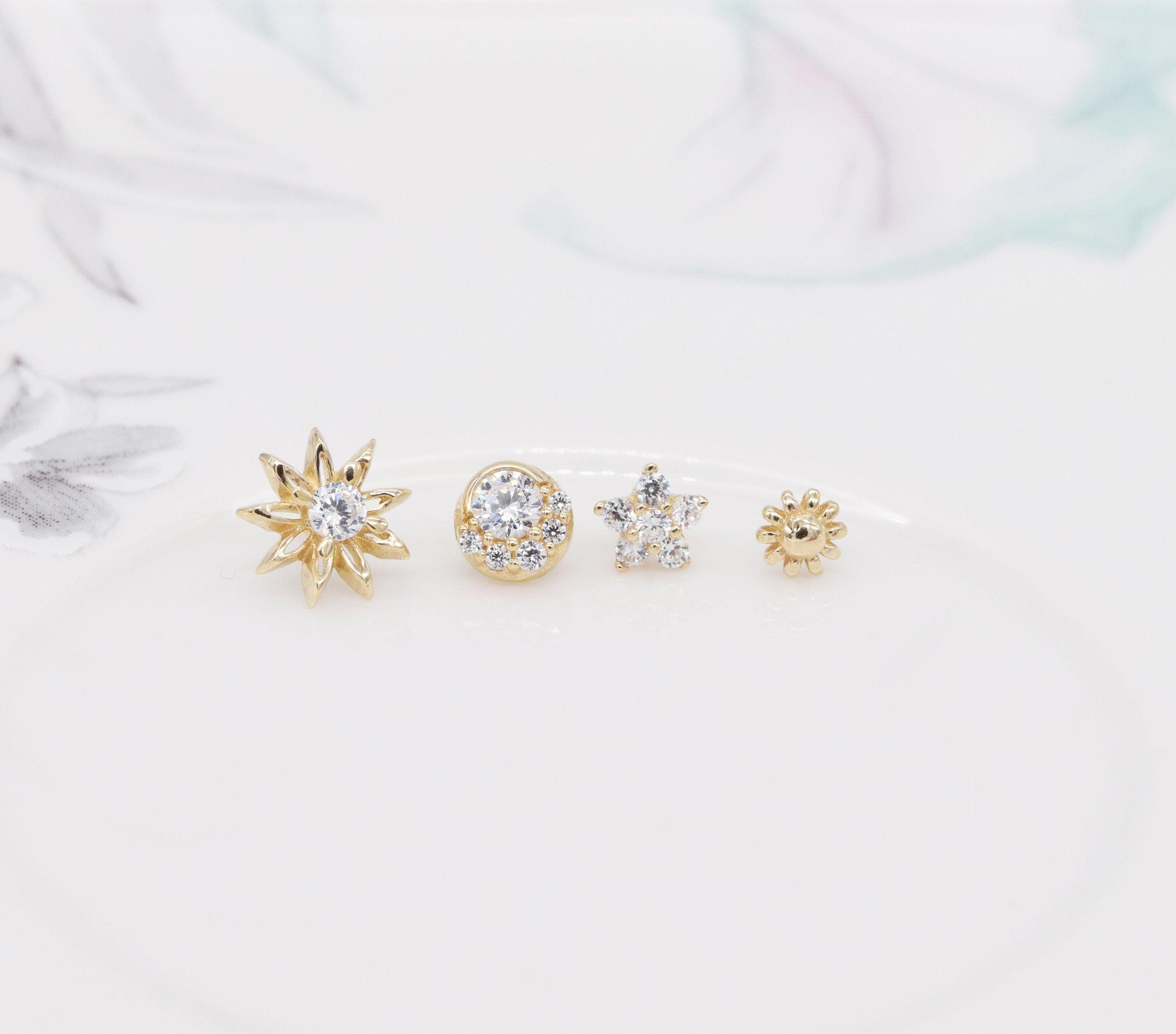 14K Solid Gold Tiny Cartilage Stud Earring - Elegant Conch Helix Tragus Push Back Design.