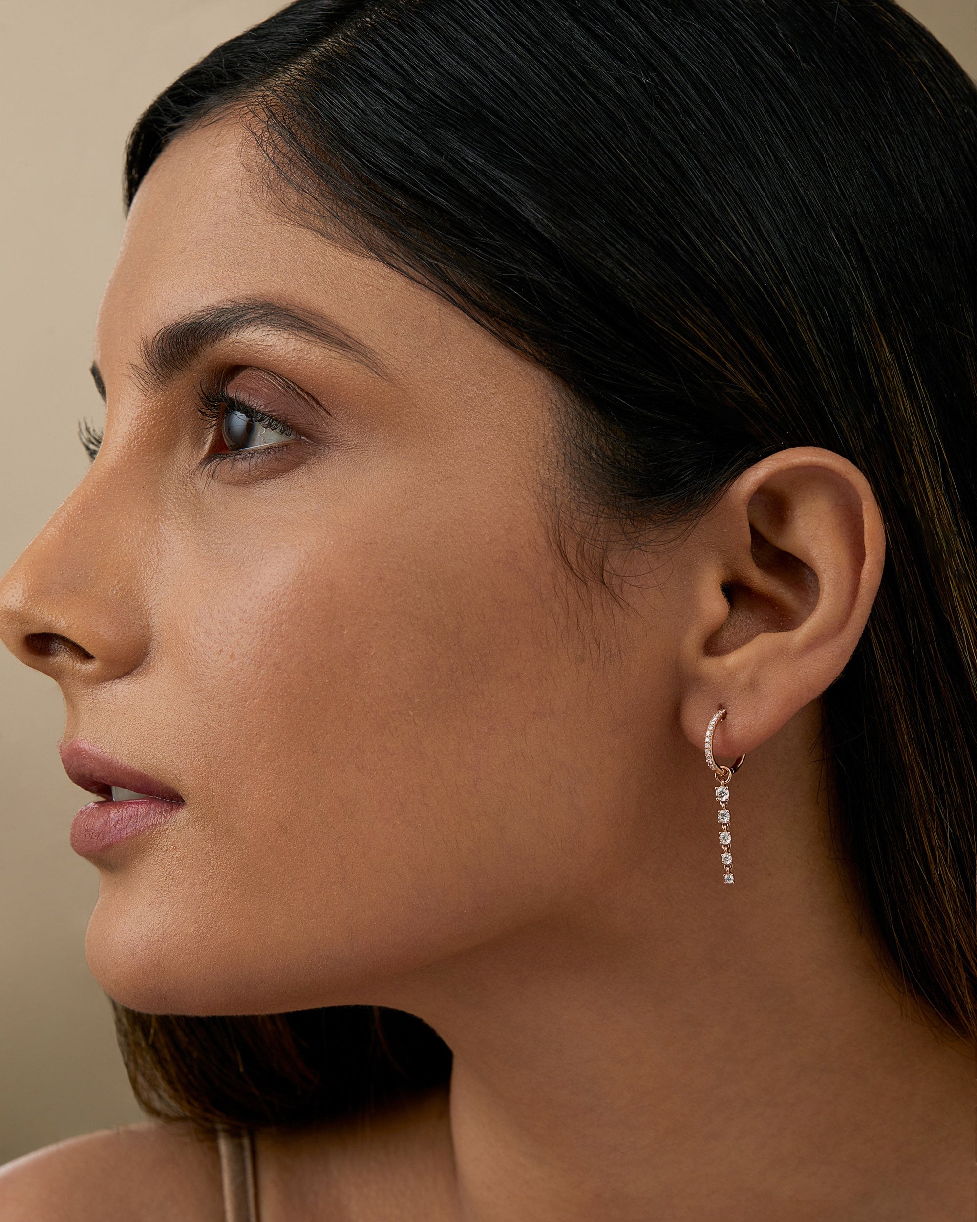 14K Gold Diamond Huggie Hoop, Moissanite Dangle Drop Earring