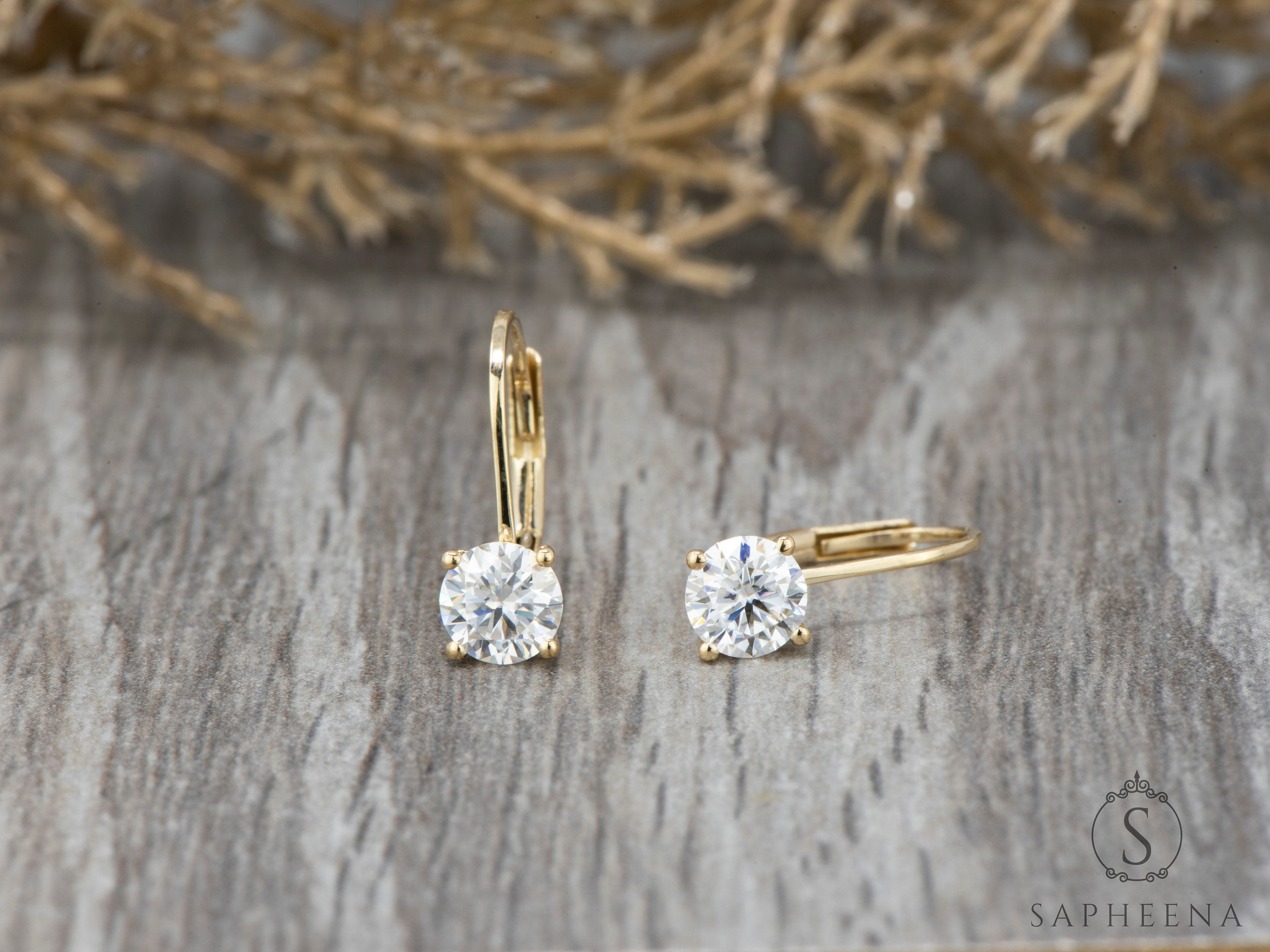 14K Gold Lever Back Earrings with round Cut Moissanite or Lab-Grown Diamond, Minimalist Dangle Earrings, Everyday Fine Jewelry