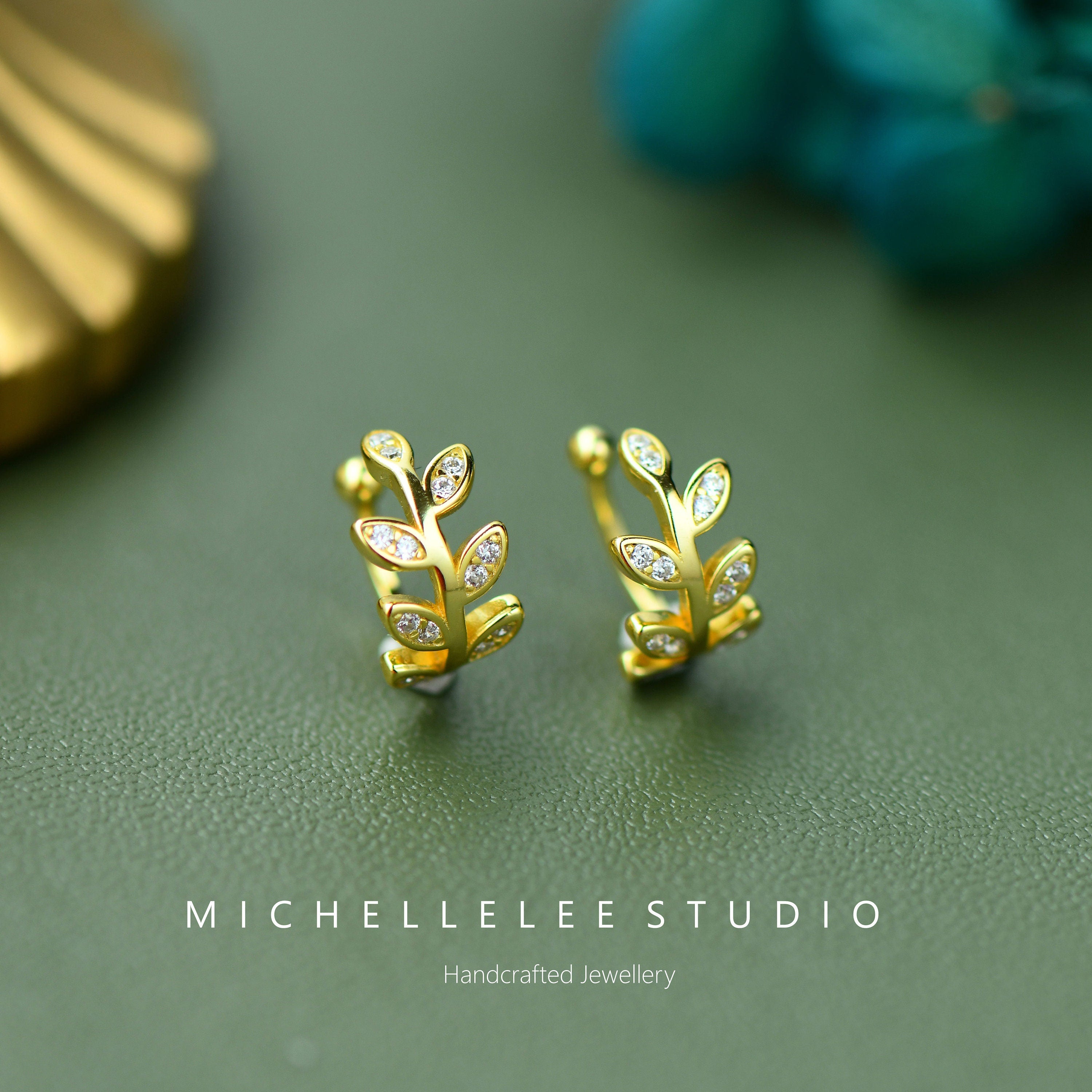 White Opal Leaf Ear Cuff, No Piercing Olive Branch Ear Wrap