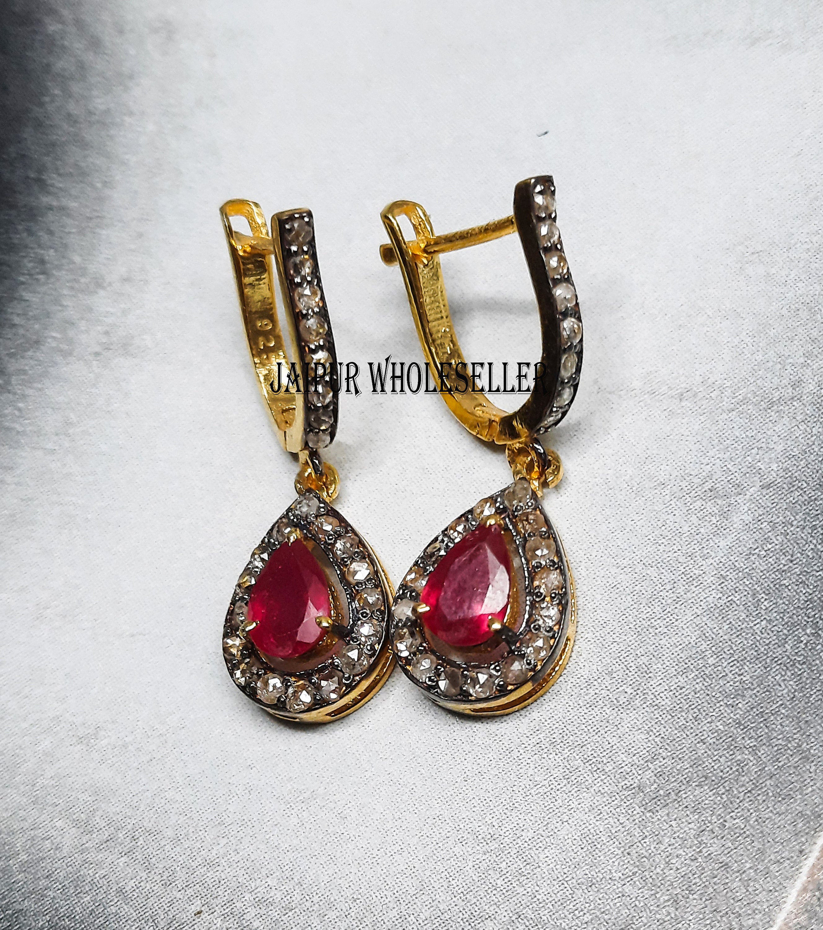 Pear Ruby Diamond Pave Sterling Silver Stud Earrings