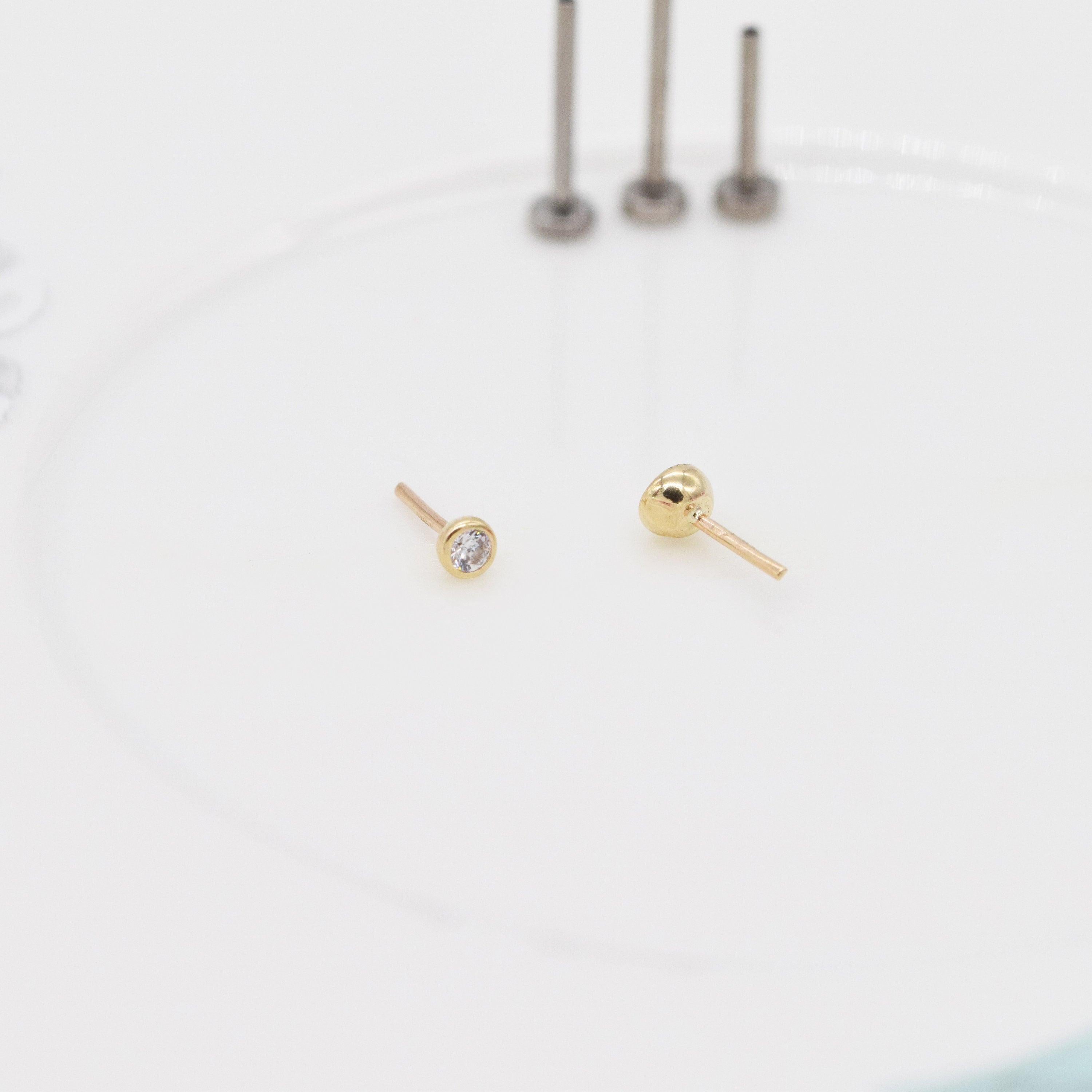 Stunning 14K Solid Gold Threadless Cartilage Stud Earring - Round Flat Back Helix Conch Labret Design.
