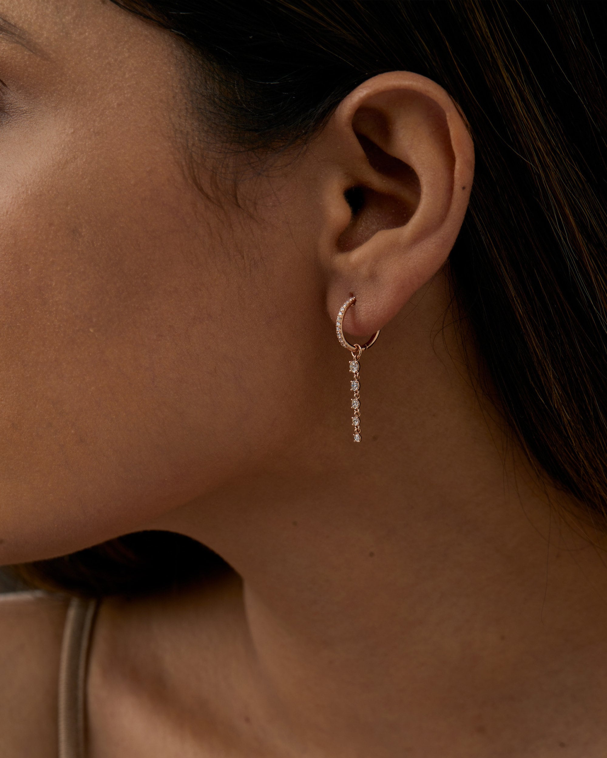 14K Gold Diamond Huggie Hoop, Moissanite Dangle Drop Earring