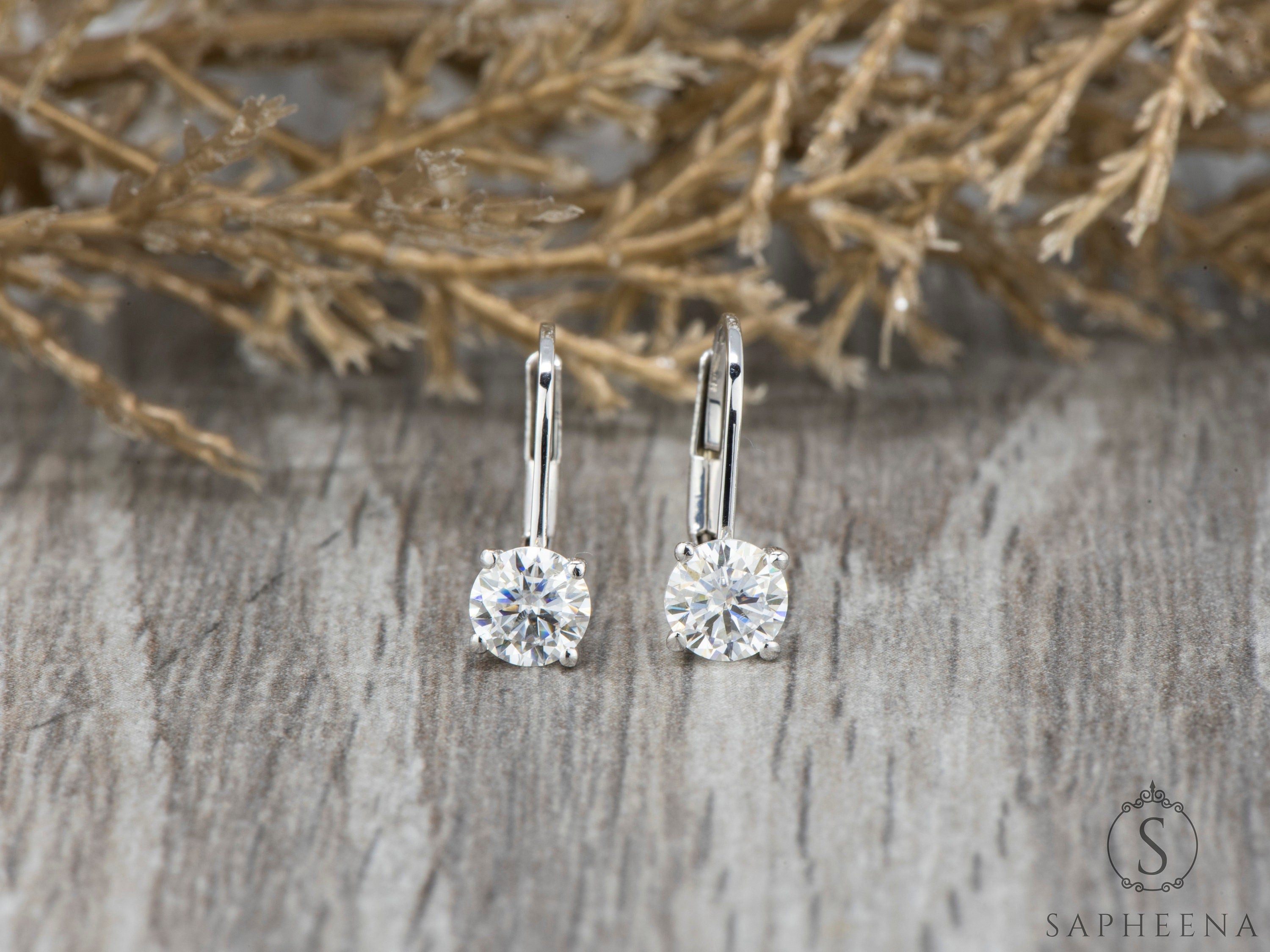 14K Gold Lever Back Earrings with round Cut Moissanite or Lab-Grown Diamond, Minimalist Dangle Earrings, Everyday Fine Jewelry