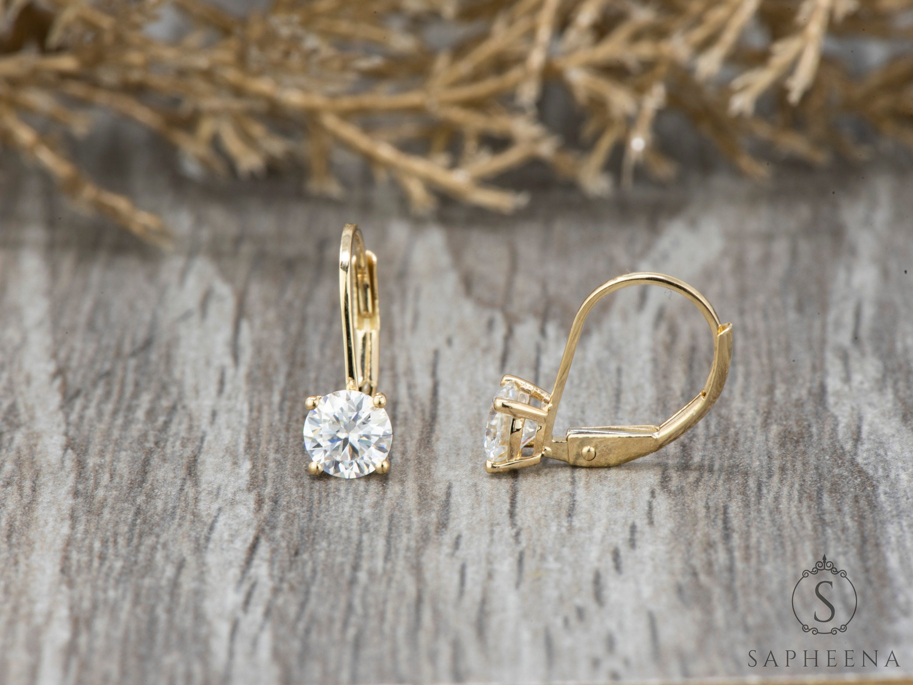 14K Gold Lever Back Earrings with round Cut Moissanite or Lab-Grown Diamond, Minimalist Dangle Earrings, Everyday Fine Jewelry