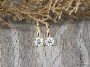 14K Gold Lever Back Earrings with round Cut Moissanite or Lab-Grown Diamond, Minimalist Dangle Earrings, Everyday Fine Jewelry