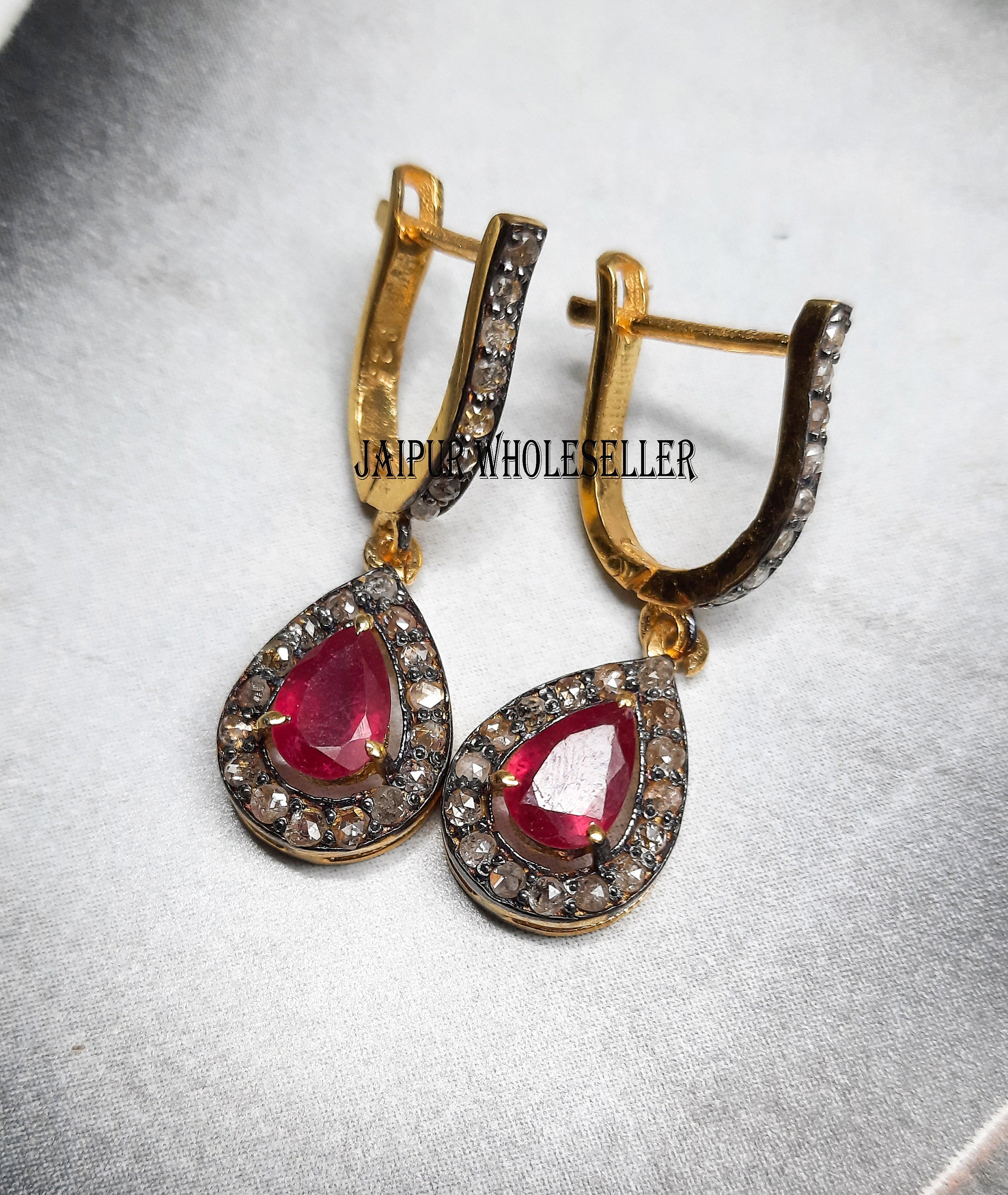 Pear Ruby Diamond Pave Sterling Silver Stud Earrings