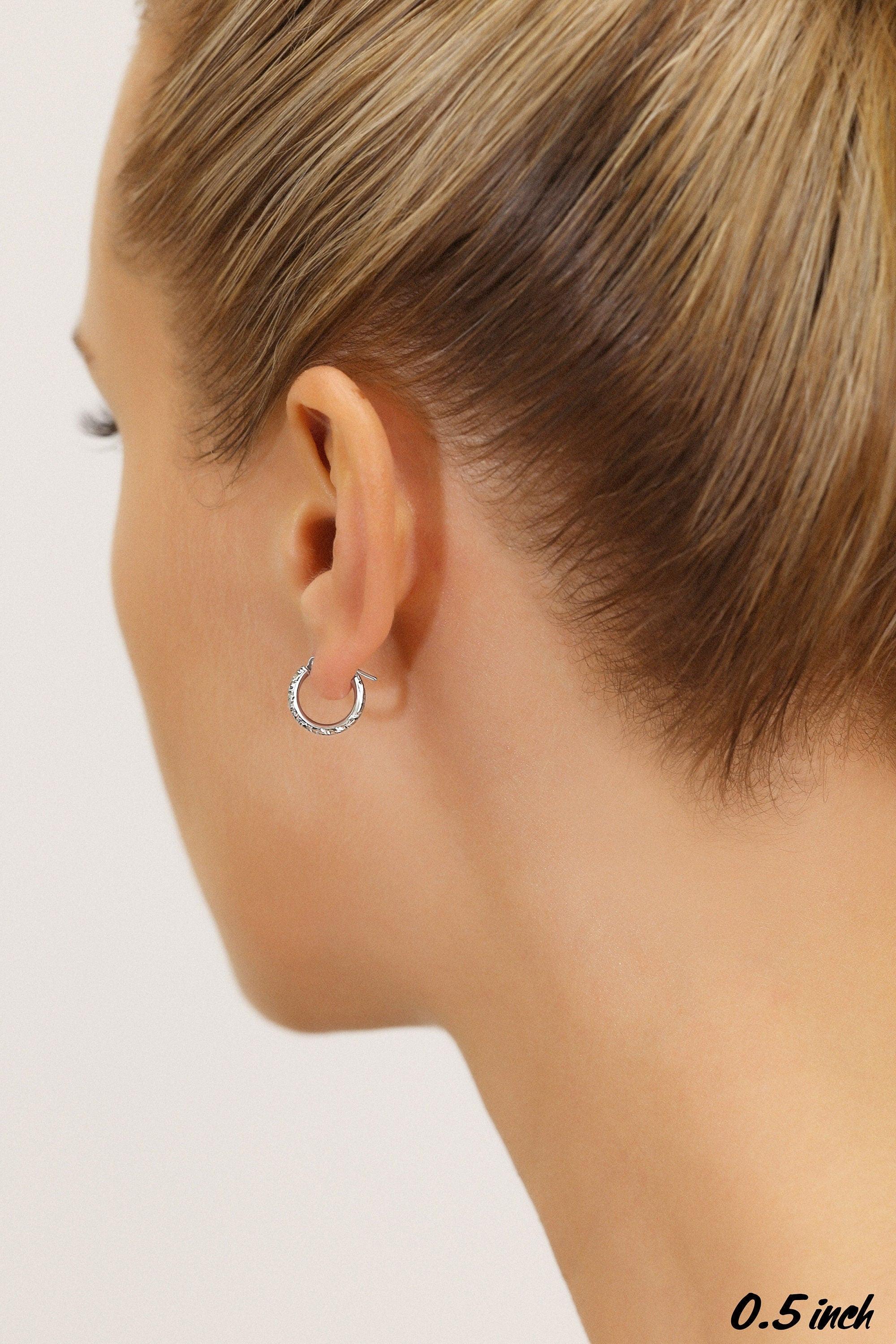 Elegant 14K Solid Gold Small Hoop Earrings with Unique Hand Engraved Tornado Design - 13mm (0.5 Inch Diameter).