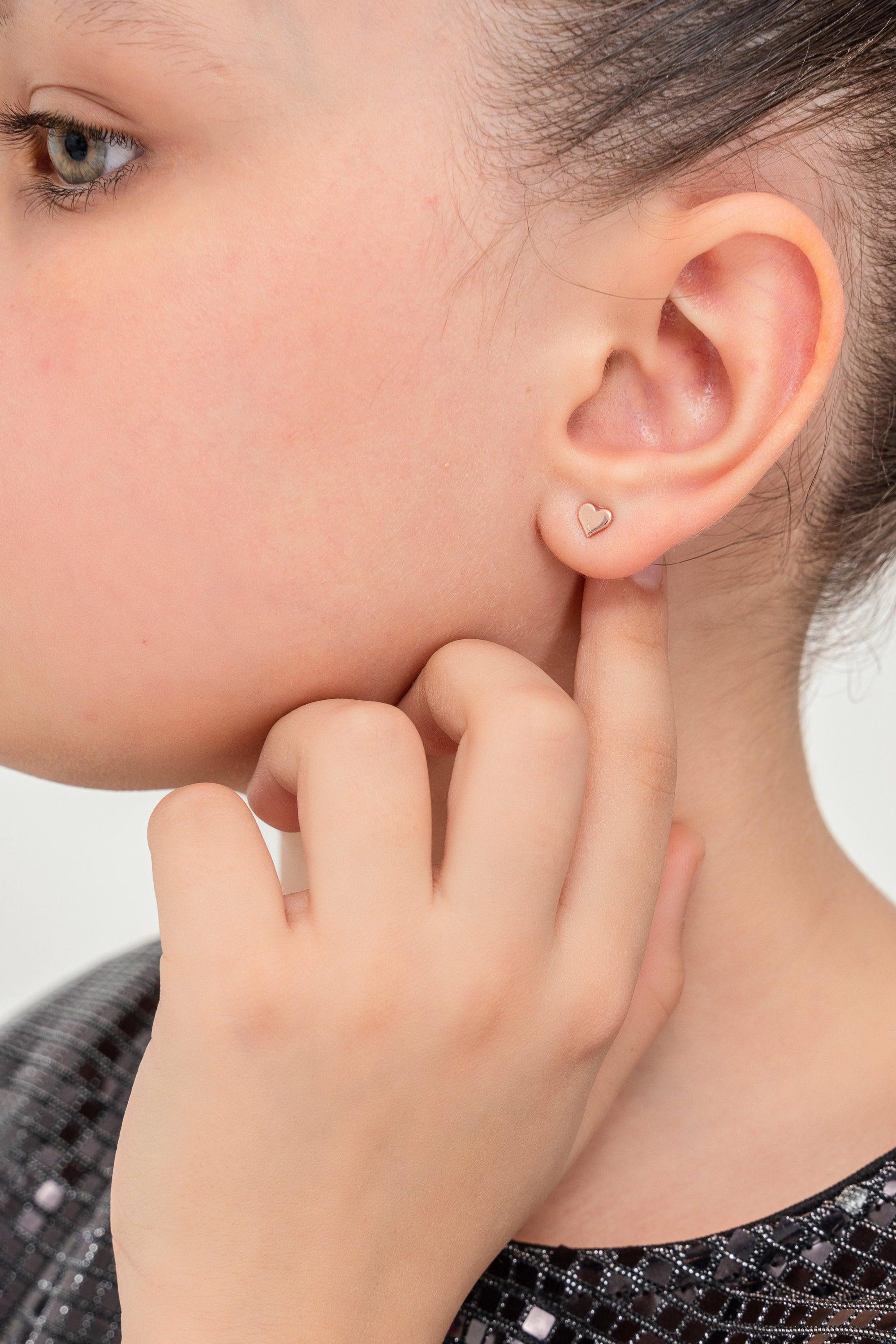 Dainty 925 Sterling Silver & 14K Gold Small Heart Stud Earrings - Perfect Gift of Luck!.