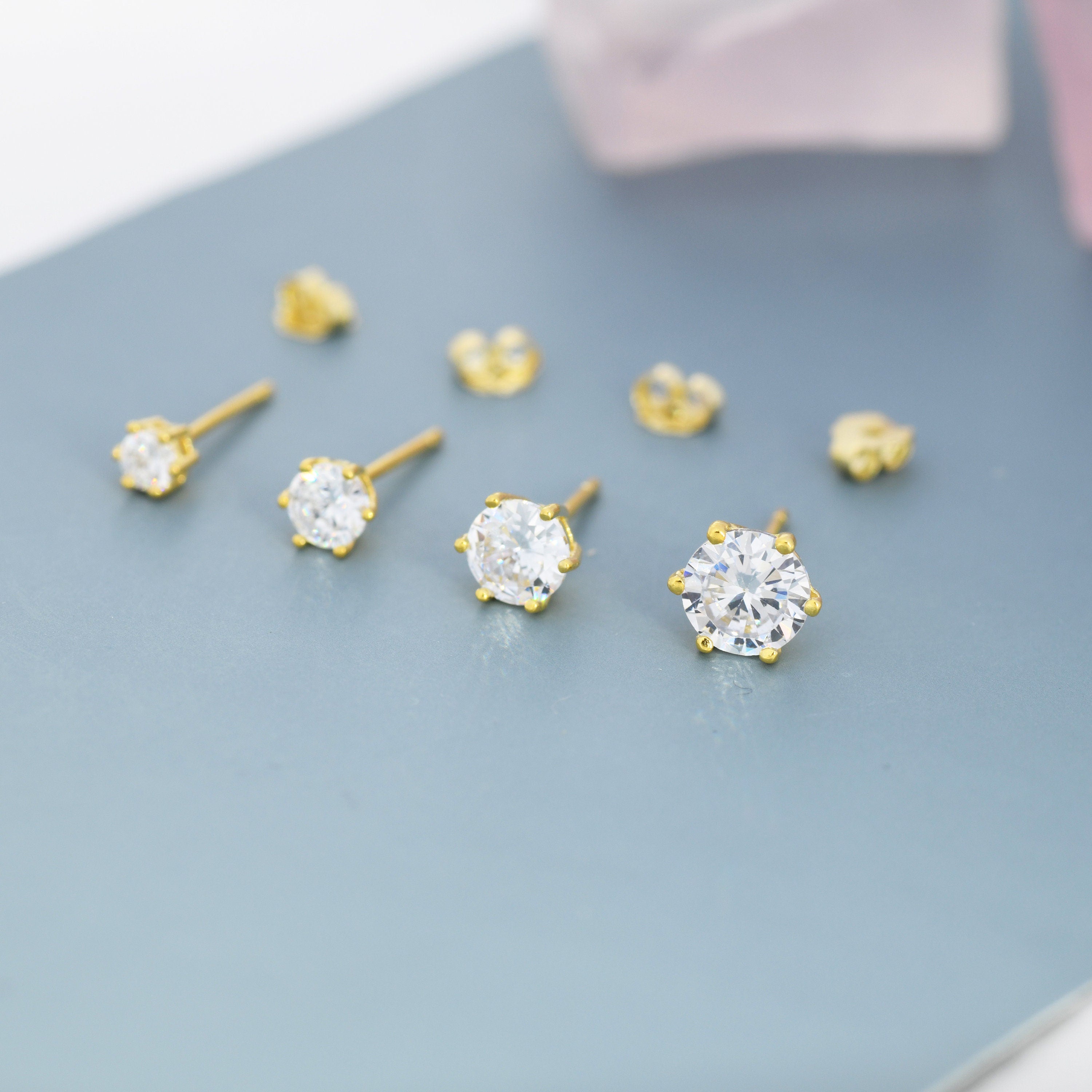 Simple CZ Crystal Stud Earrings in Sterling Silver, 3Mm, 4Mm, 5Mm and 6Mm, Six Prong, 6 Prong, Various Sizes, Minimalist CZ Stud