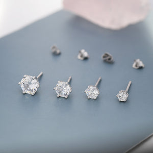 Simple CZ Crystal Stud Earrings in Sterling Silver, 3Mm, 4Mm, 5Mm and 6Mm, Six Prong, 6 Prong, Various Sizes, Minimalist CZ Stud