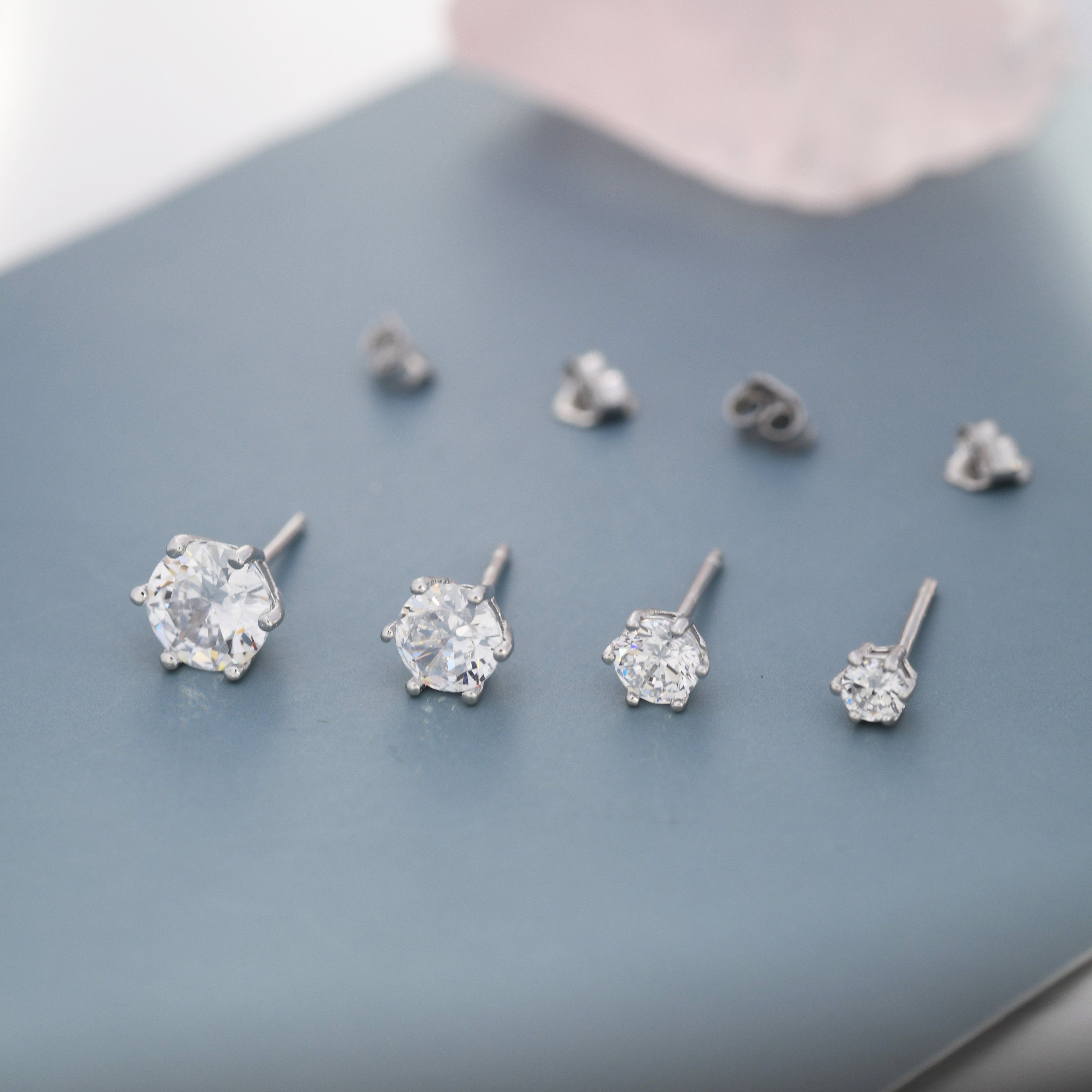 Simple CZ Crystal Stud Earrings in Sterling Silver, 3Mm, 4Mm, 5Mm and 6Mm, Six Prong, 6 Prong, Various Sizes, Minimalist CZ Stud