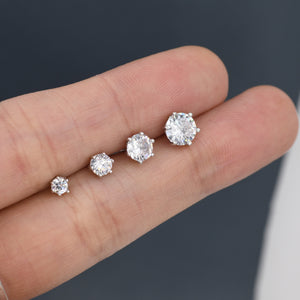 Simple CZ Crystal Stud Earrings in Sterling Silver, 3Mm, 4Mm, 5Mm and 6Mm, Six Prong, 6 Prong, Various Sizes, Minimalist CZ Stud