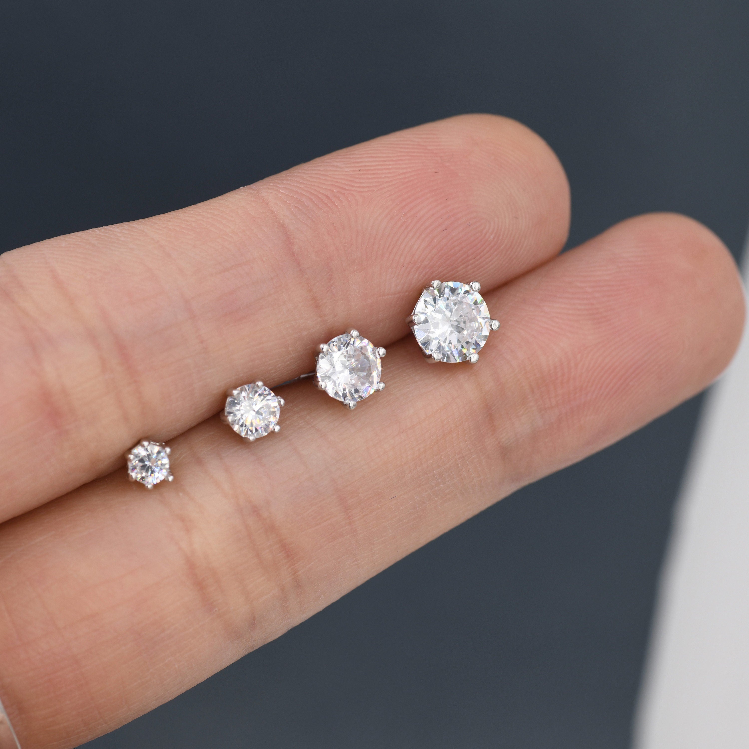Simple CZ Crystal Stud Earrings in Sterling Silver, 3Mm, 4Mm, 5Mm and 6Mm, Six Prong, 6 Prong, Various Sizes, Minimalist CZ Stud