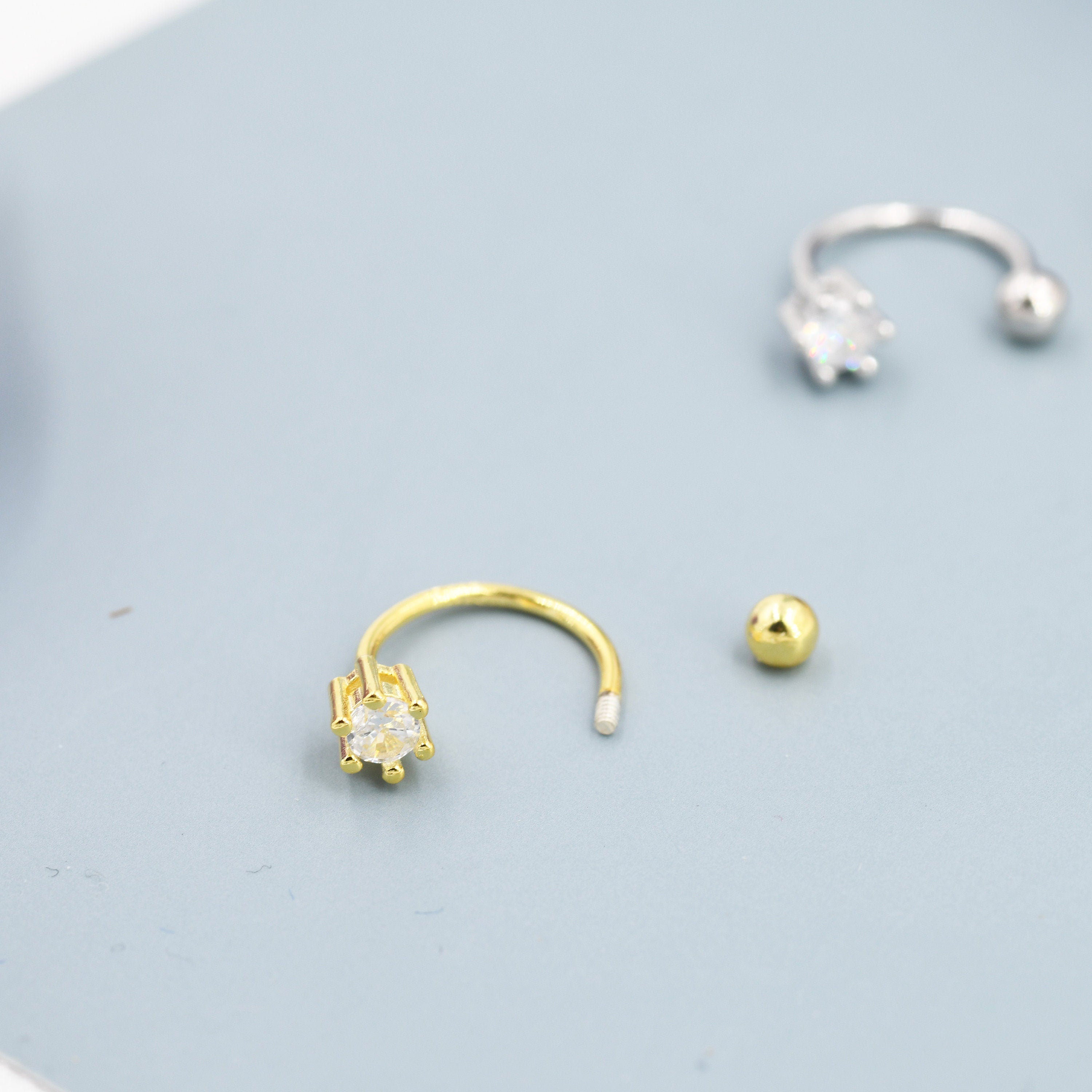 Huggie Hoop Earrings (2Pc) with Screw Back in Sterling Silver, Sparkly CZ Crystals (Lab Diamond), Curved Barbell Earrings